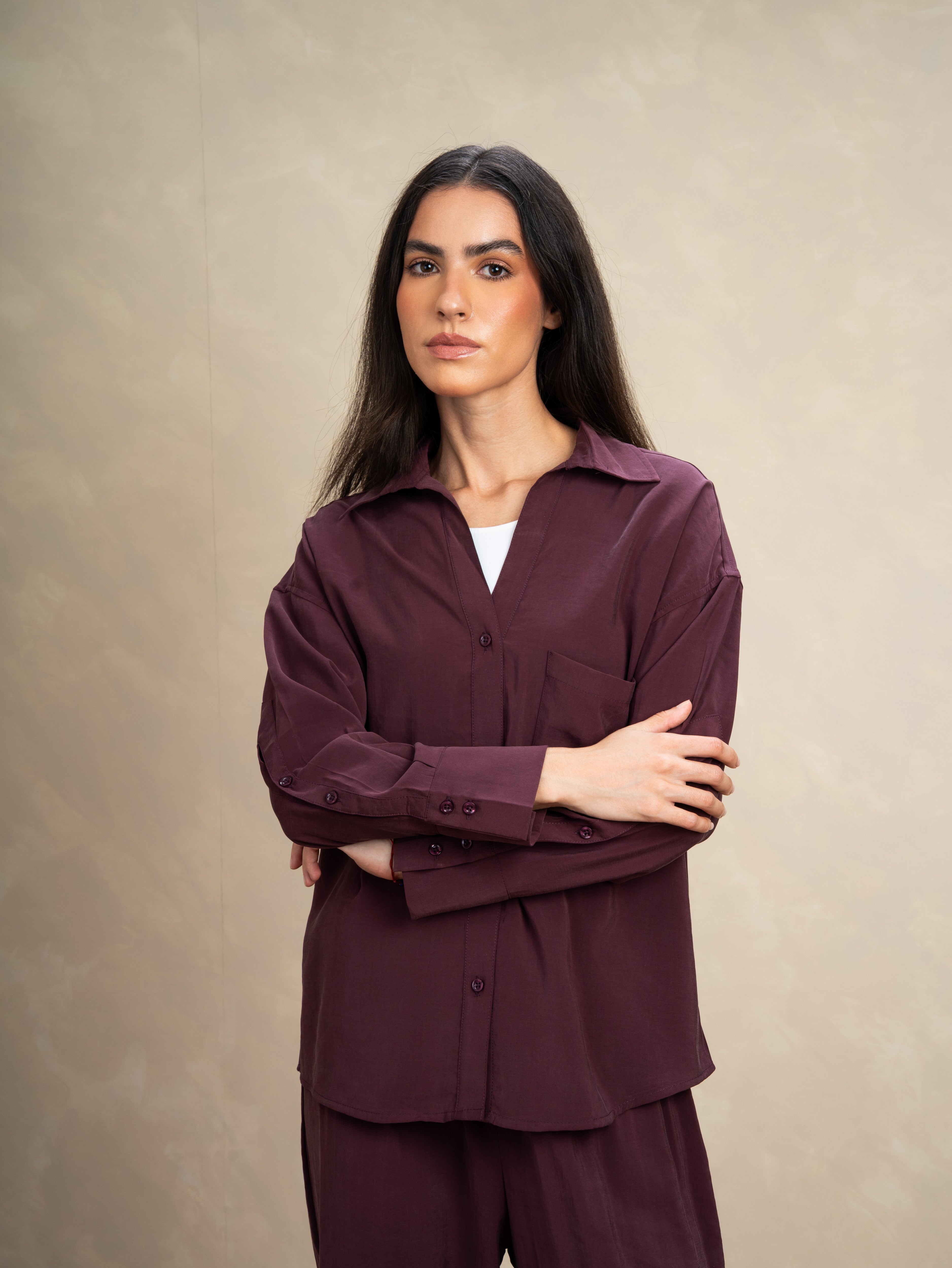 Satin Shirt — Buttons On Sleeves And Front