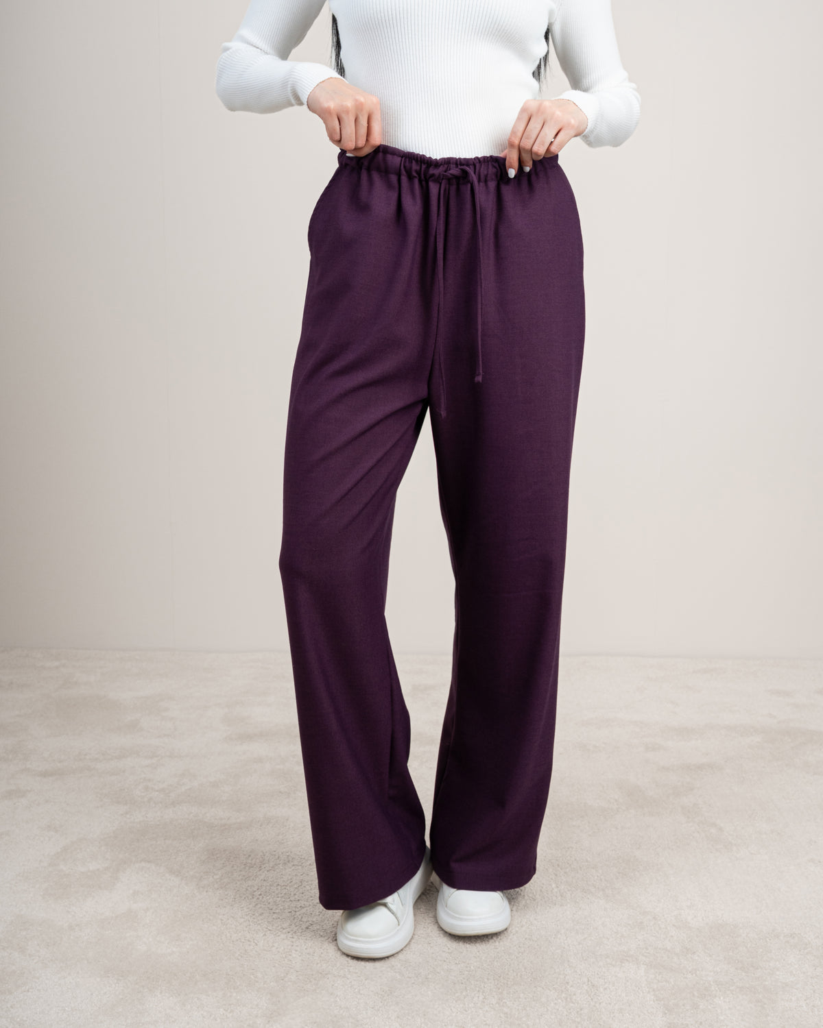 Plain Trousers With Elastic Waist - And Drawstring