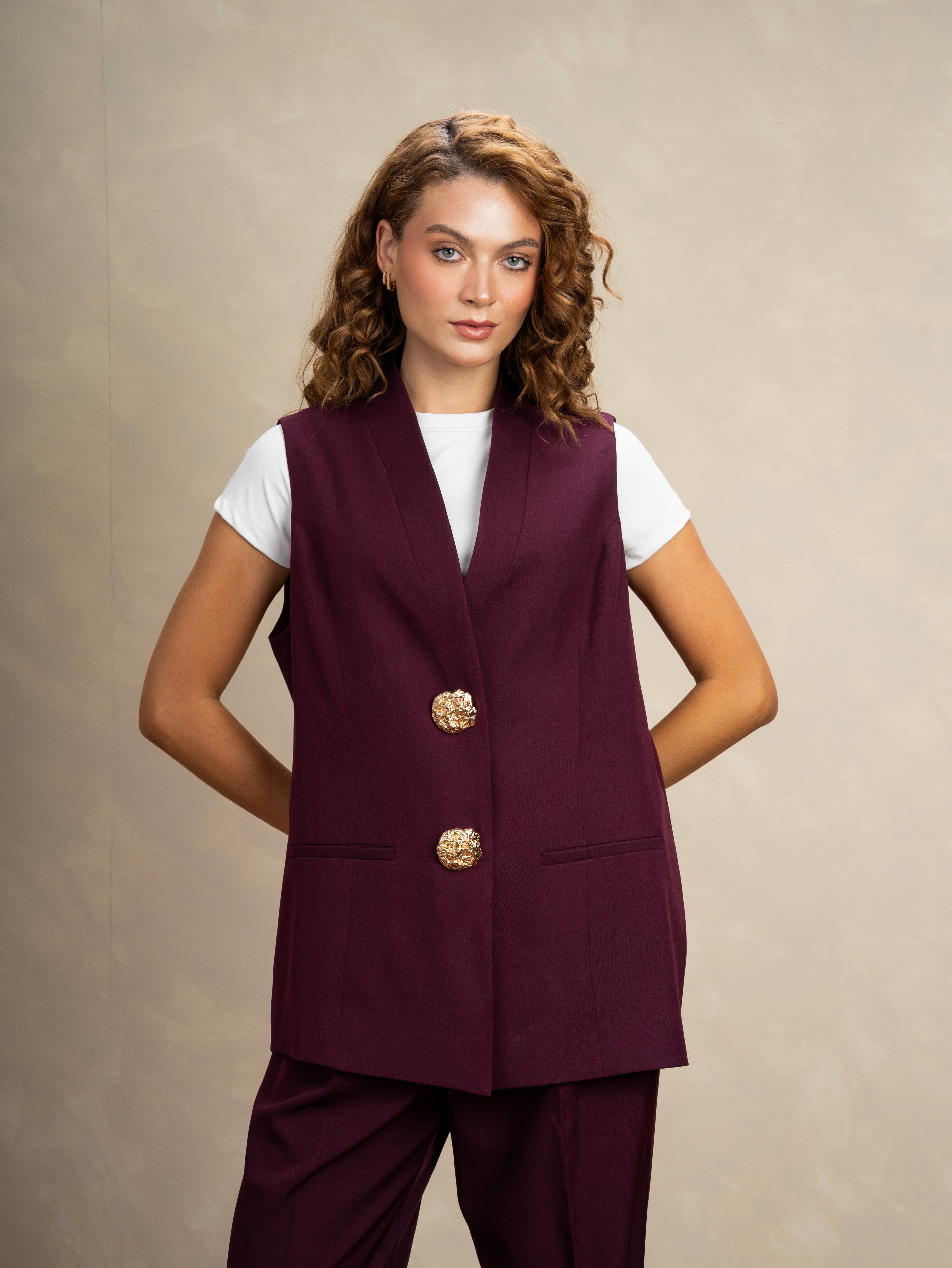 Long Vest With - Gold Button