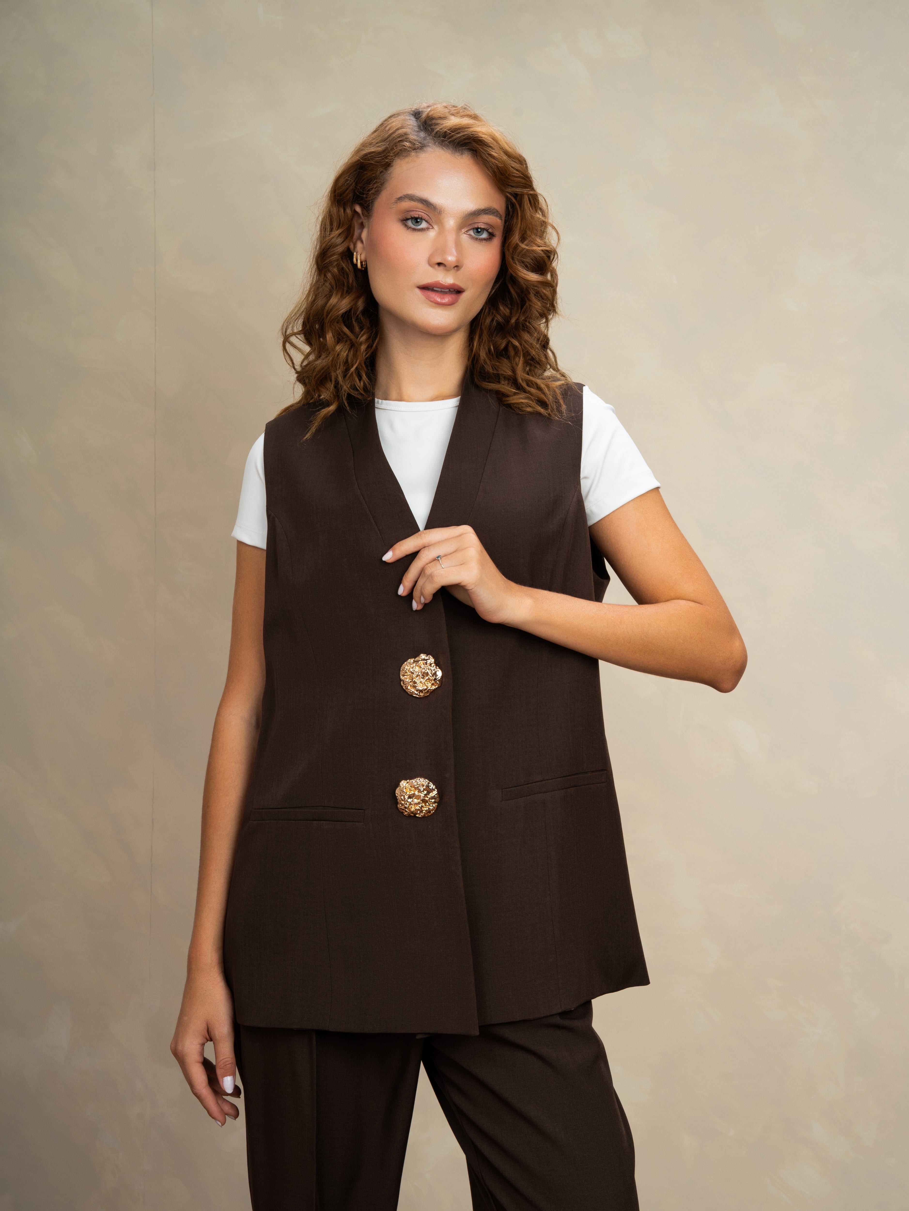 Long Vest With - Gold Button