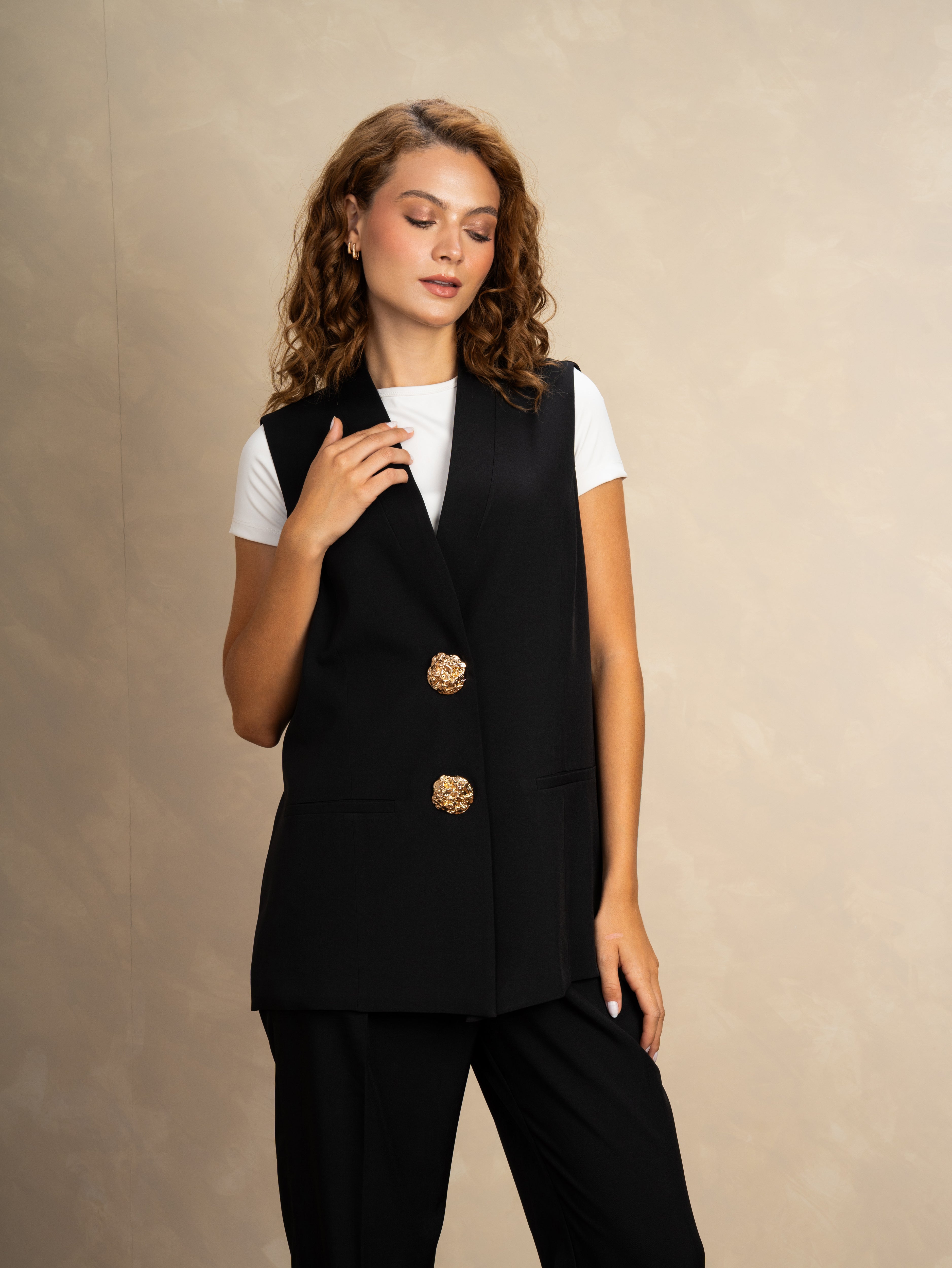Long Vest With - Gold Button