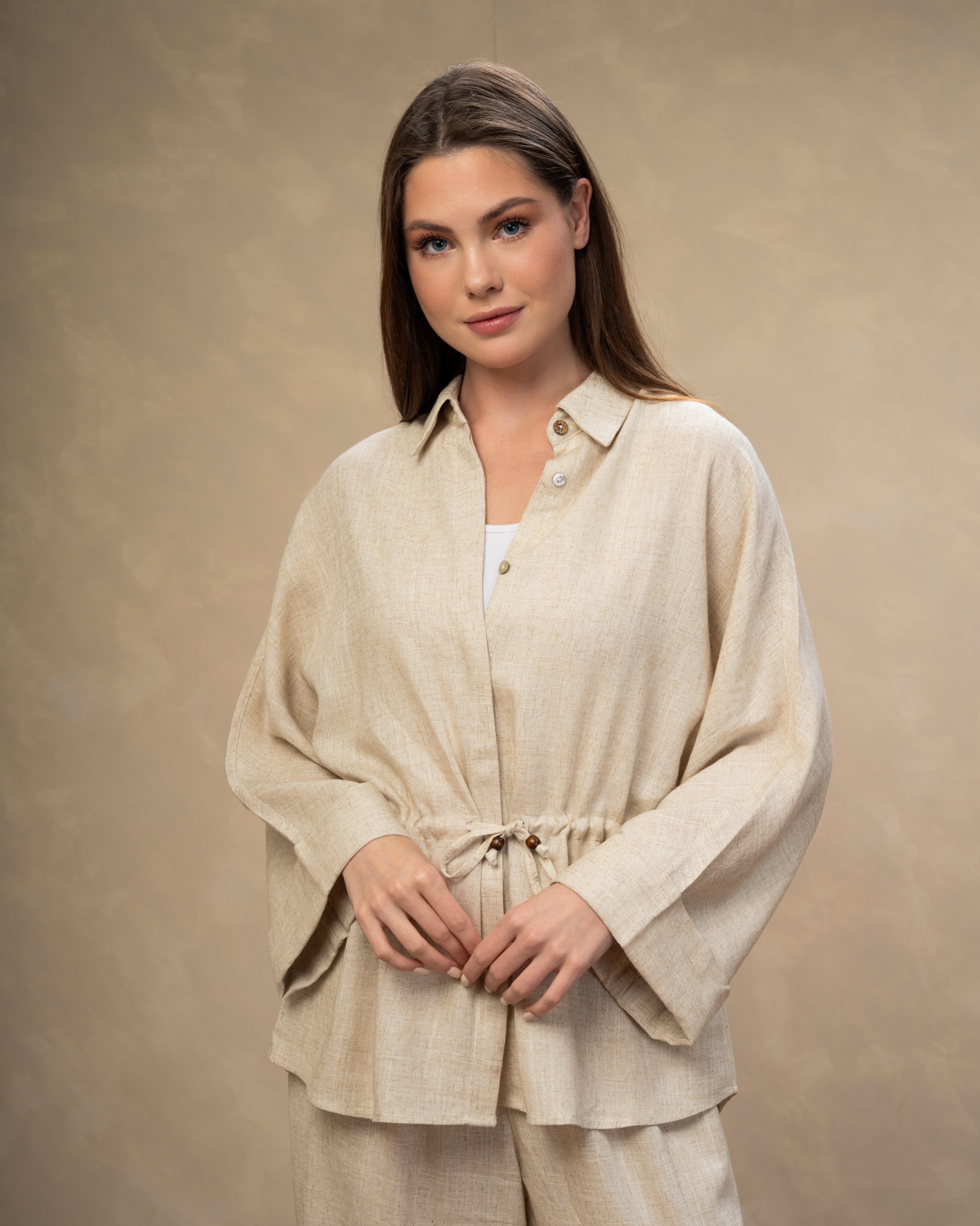 Plain Linen Shirt - With Waist Tie