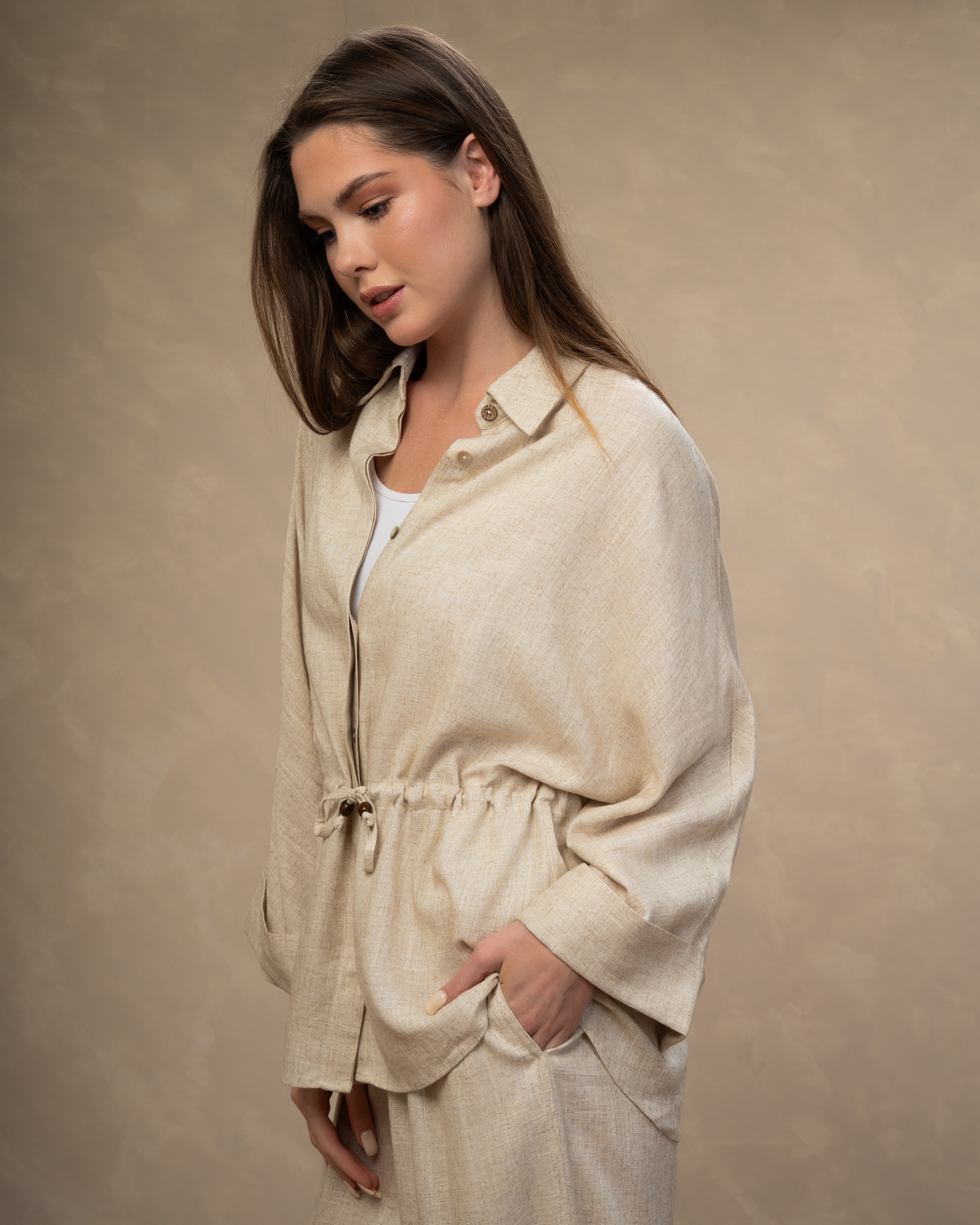 Plain Linen Shirt - With Waist Tie