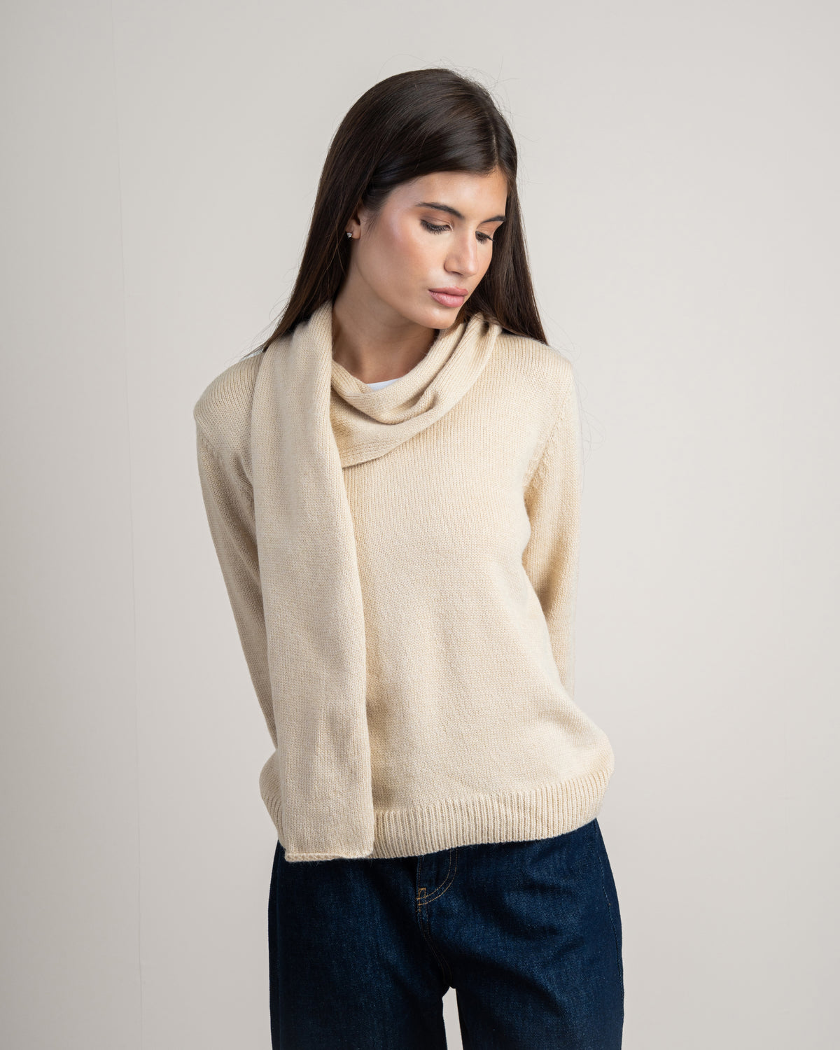 Plain Knitwear Pullover With Scarf