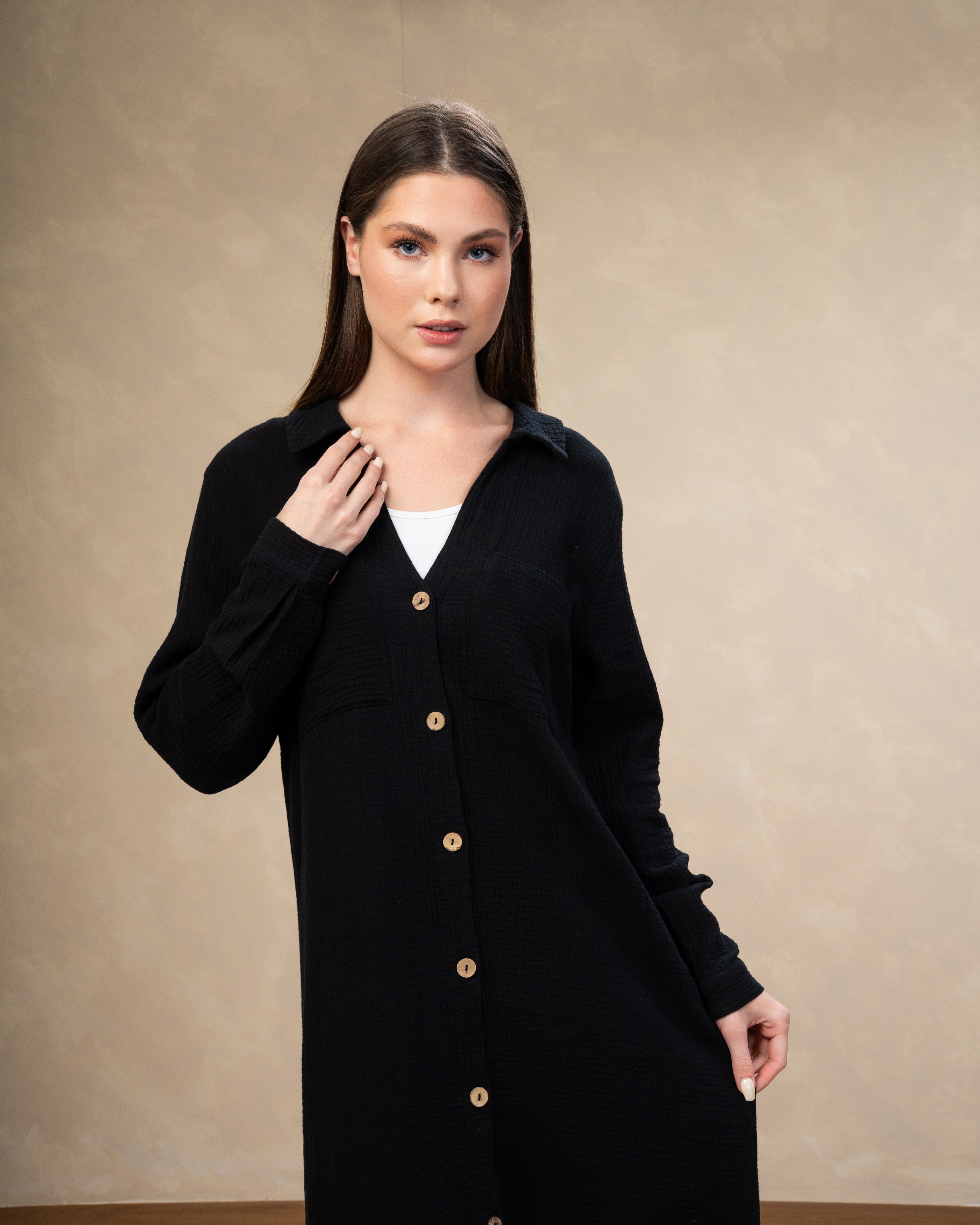 Dress With Chest Pockets - And Wooden Buttons