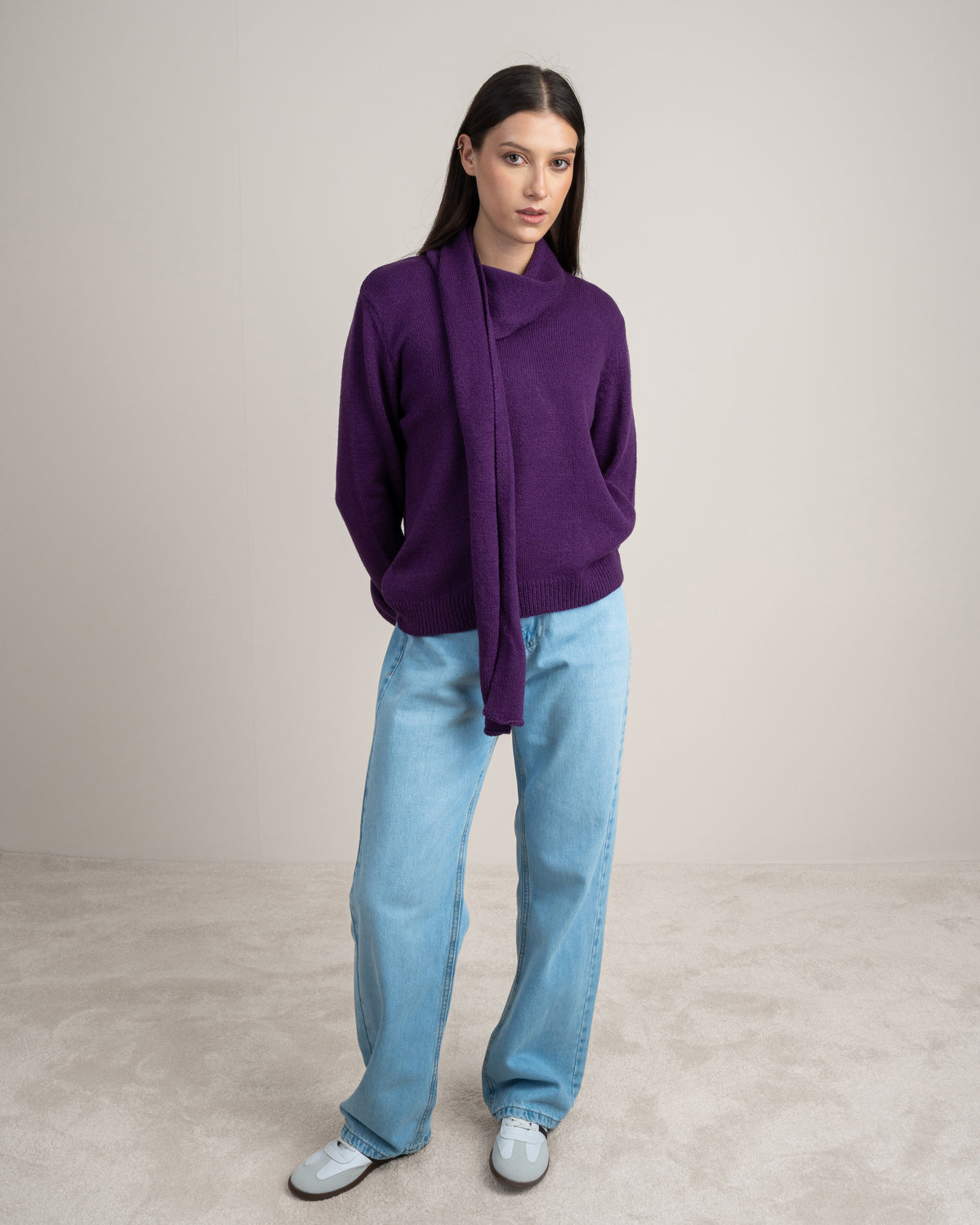 Plain Knitwear Pullover With Scarf