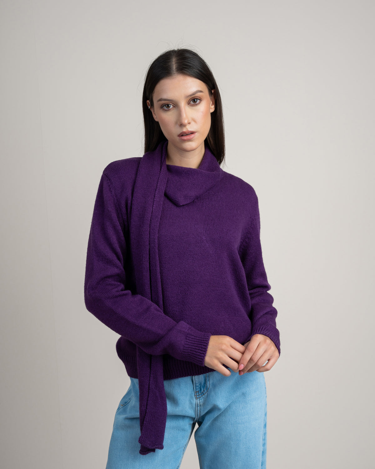 Plain Knitwear Pullover With Scarf
