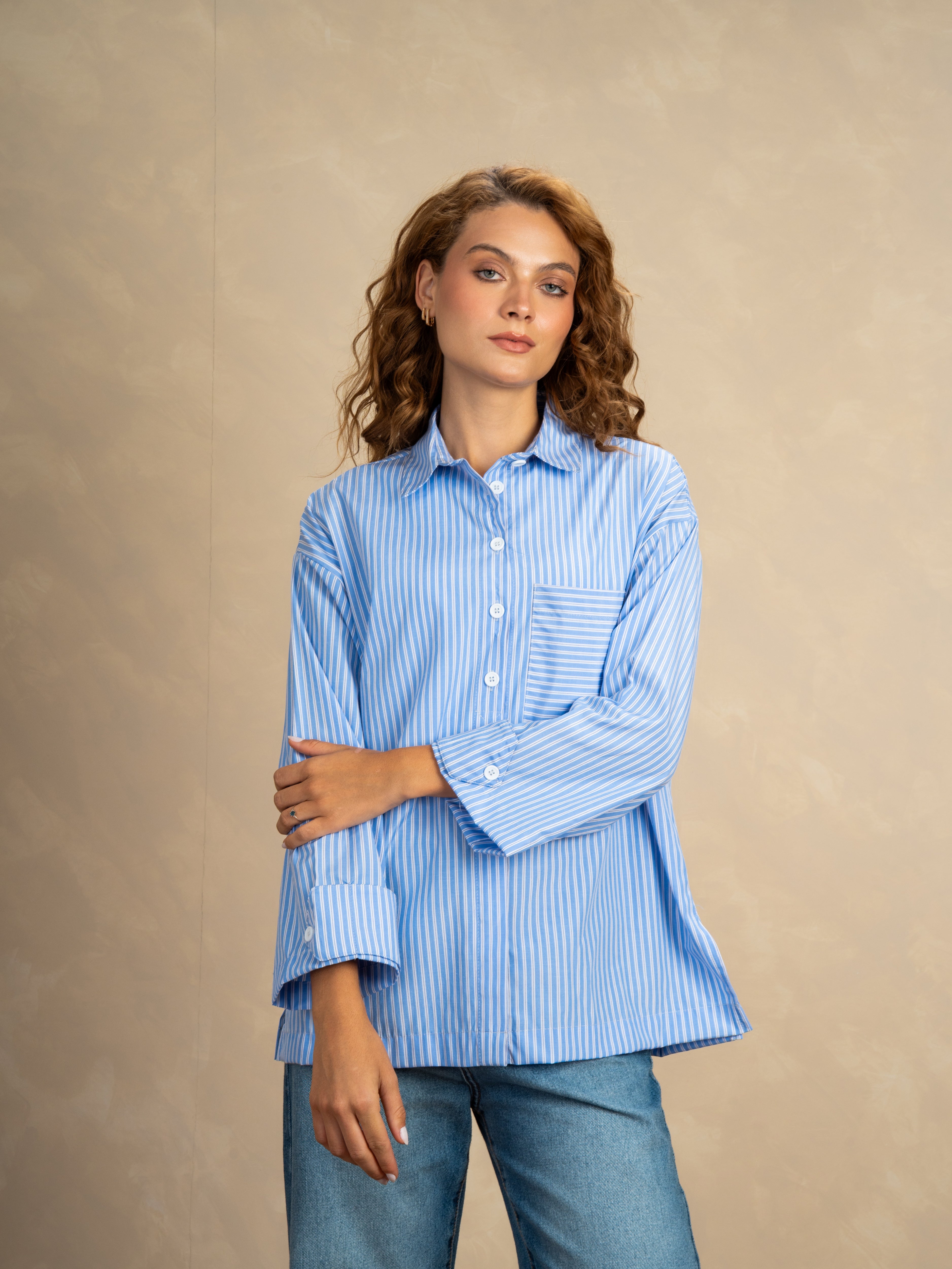 Striped Shirt With Rolled Sleeves And Half Buttons