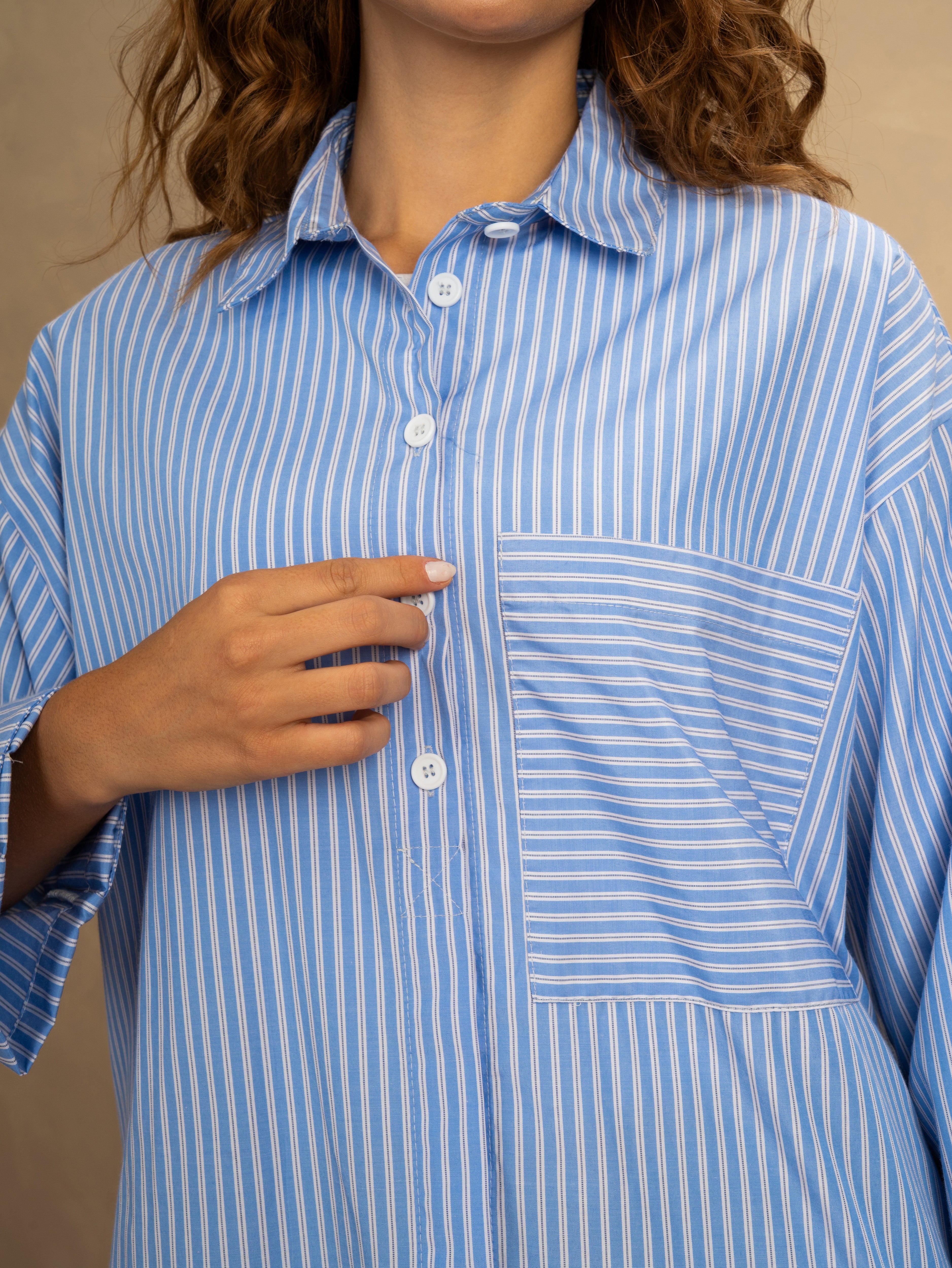 Striped Shirt With Rolled Sleeves And Half Buttons