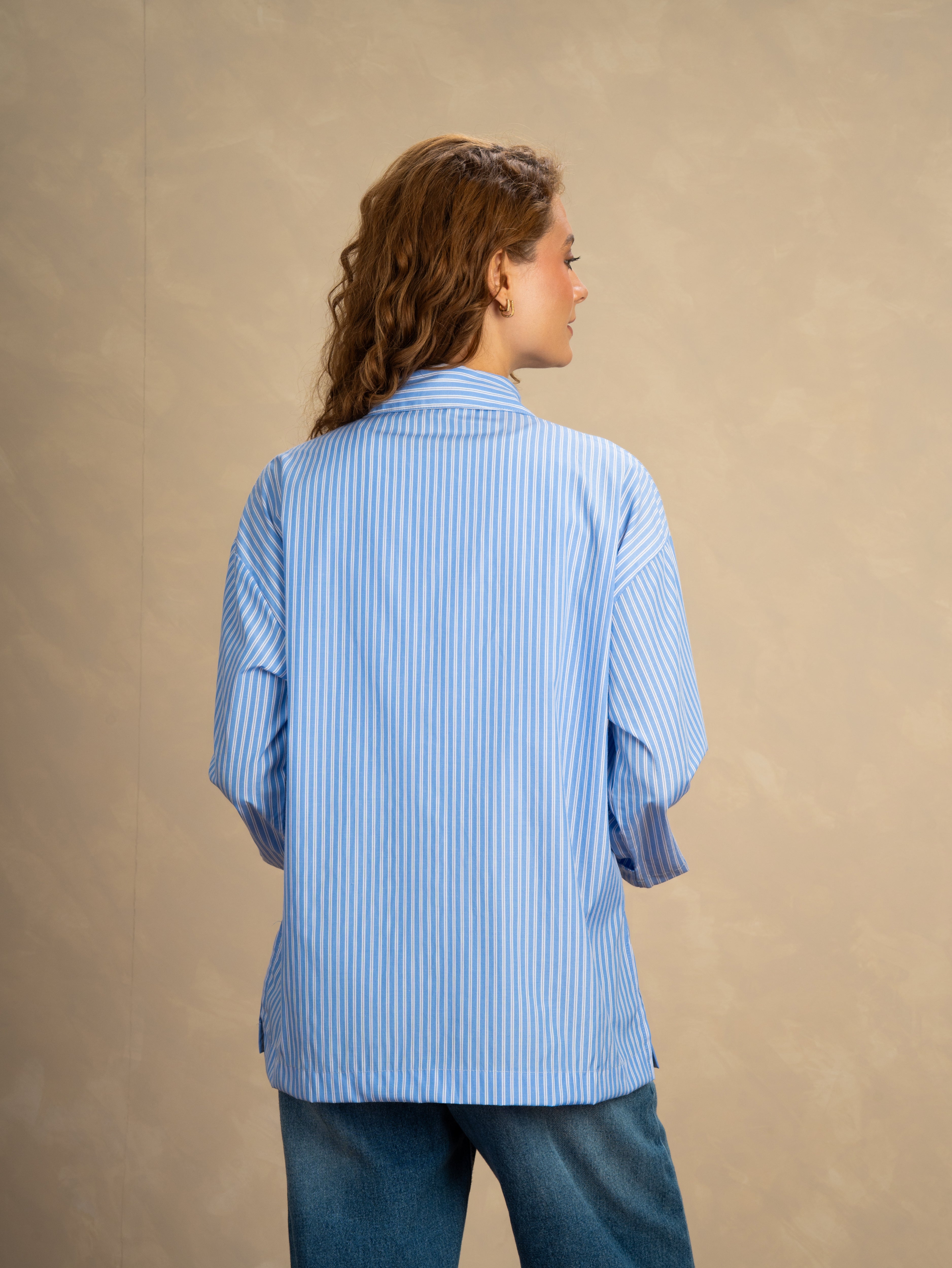 Striped Shirt With Rolled Sleeves And Half Buttons