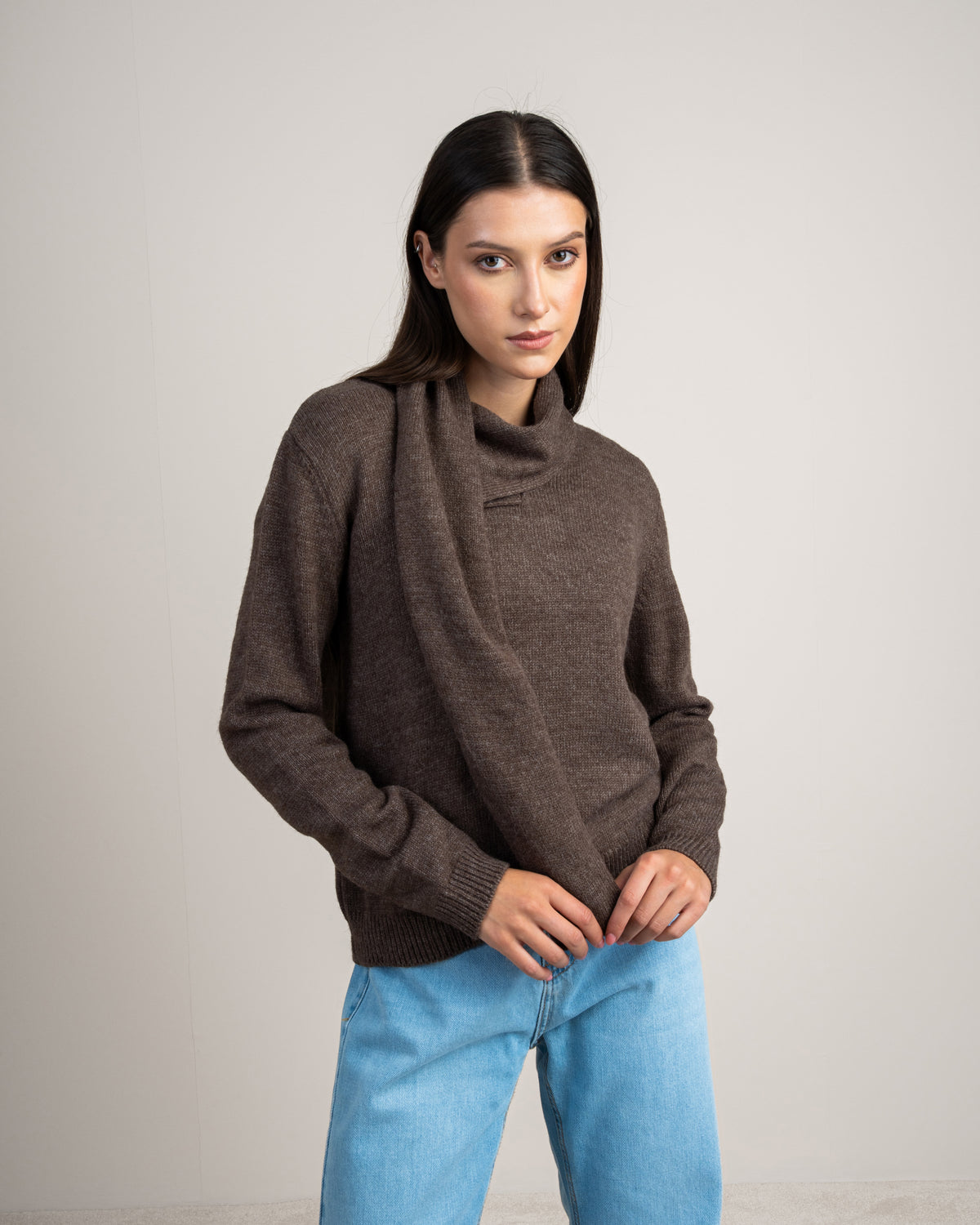 Plain Knitwear Pullover With Scarf