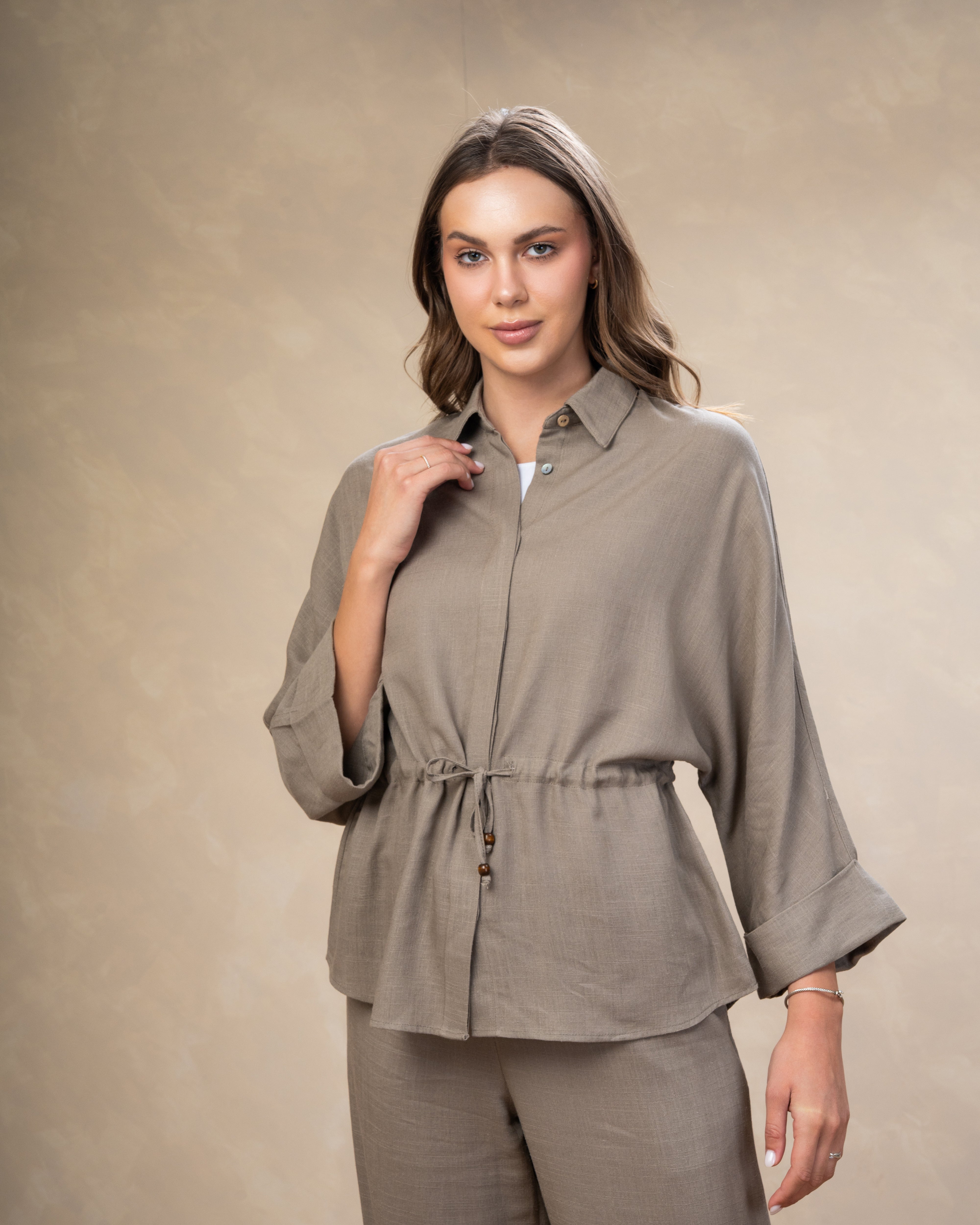 Plain Linen Shirt - With Waist Tie