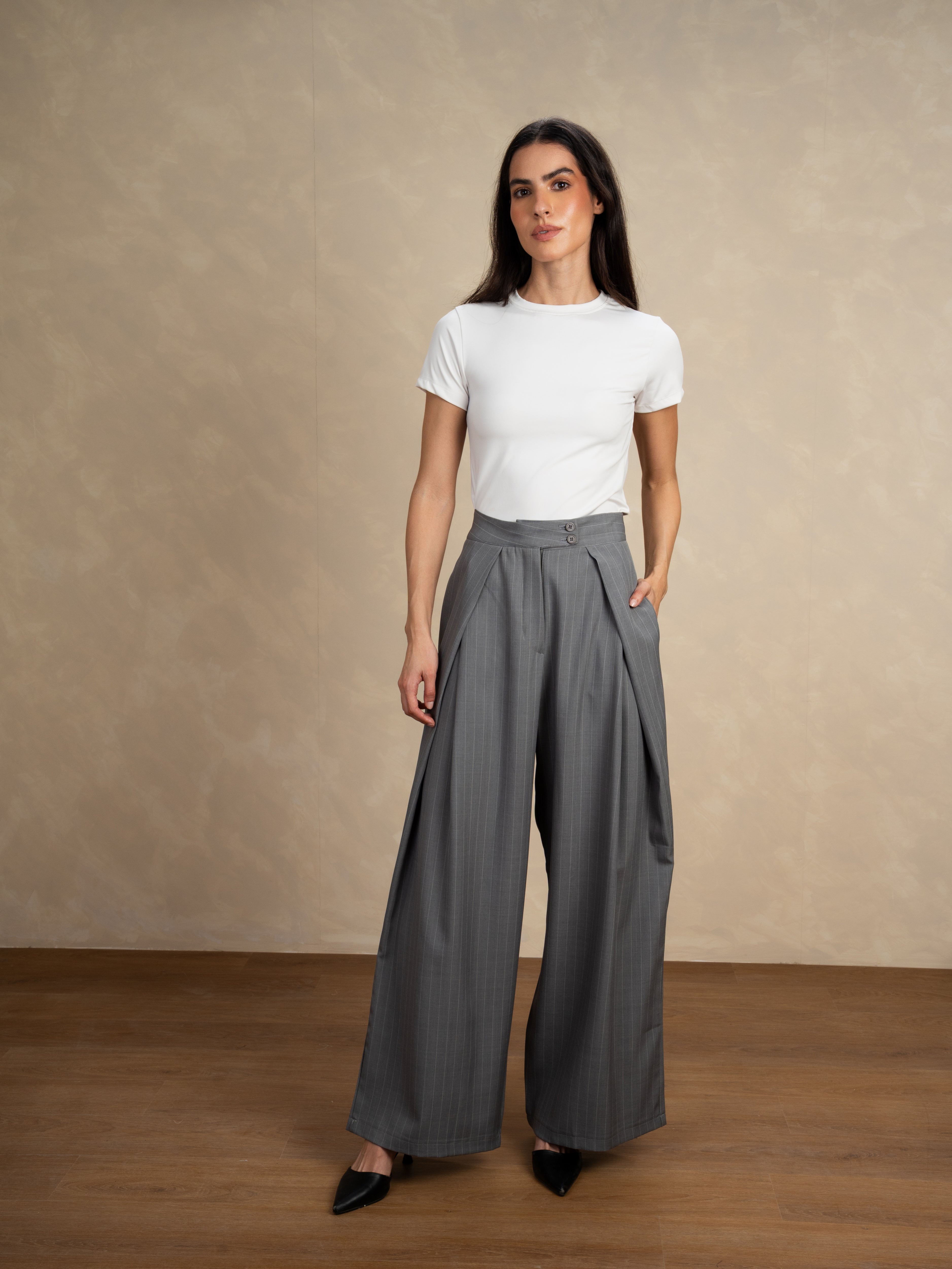 Classic Wide Leg Trouser - With Double Waist Buttons