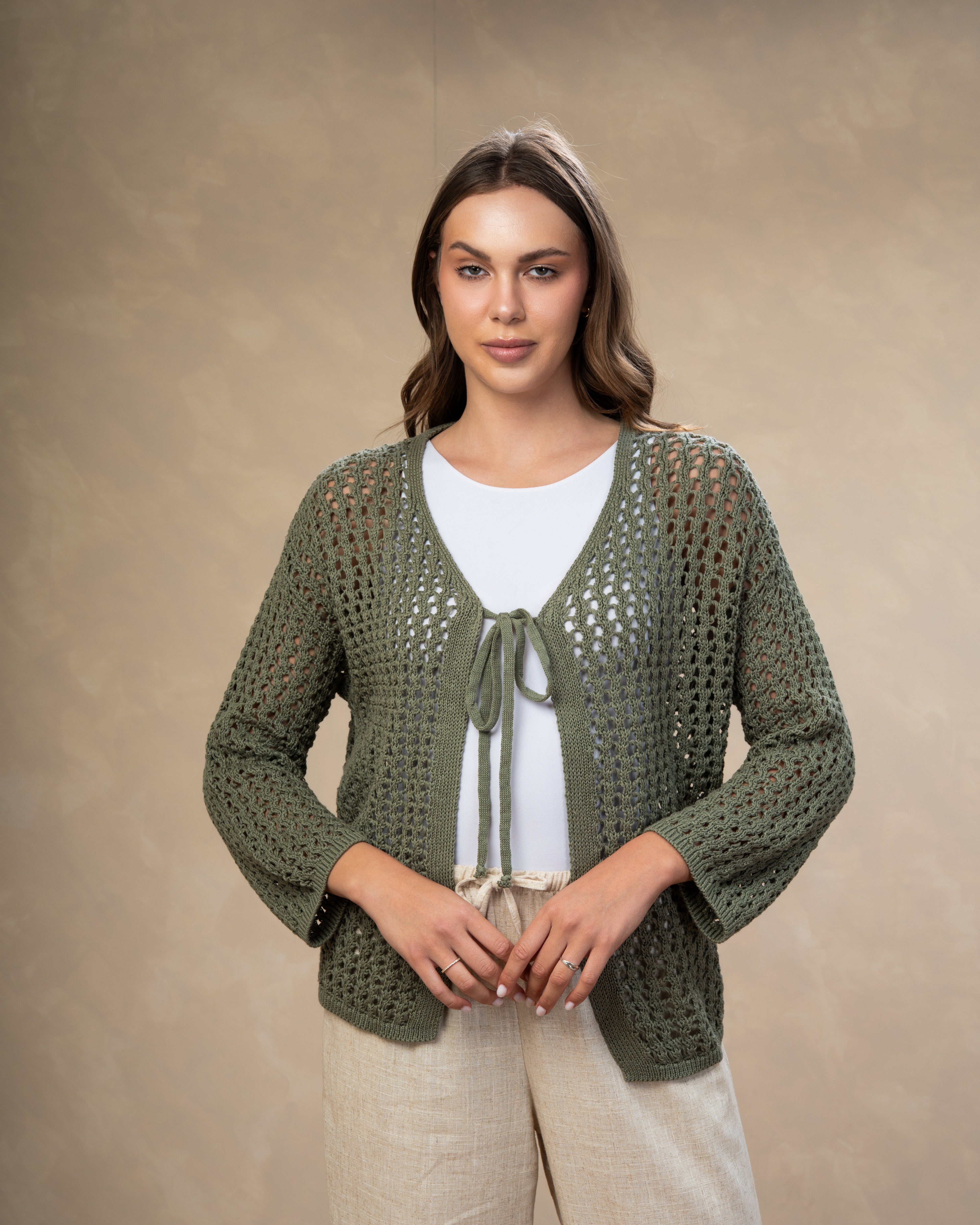 Short Open Knitwear Cardigan - With Tie