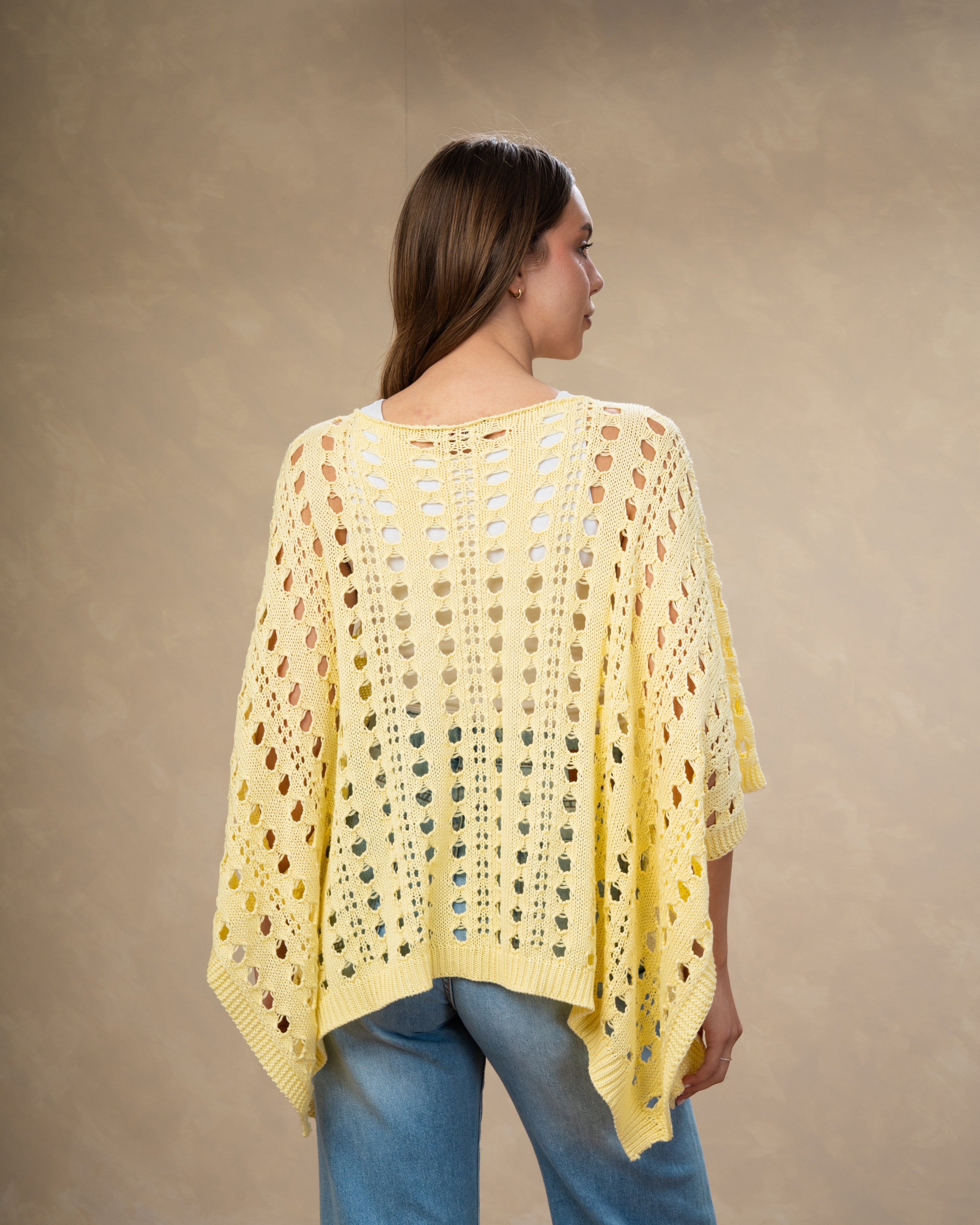 Open Knitwear Cardigan With Square Pattern And Tie