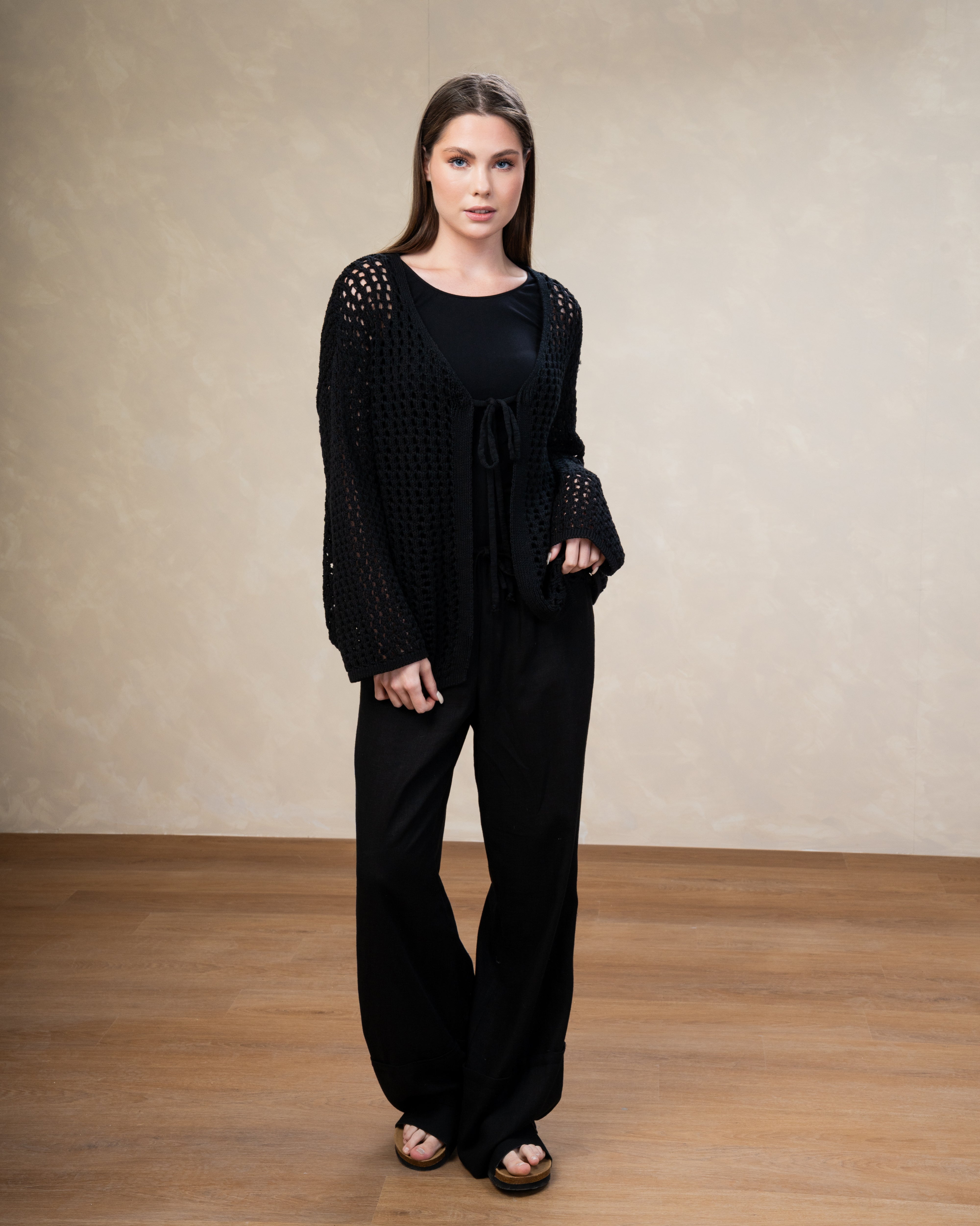 Short Open Knitwear Cardigan - With Tie
