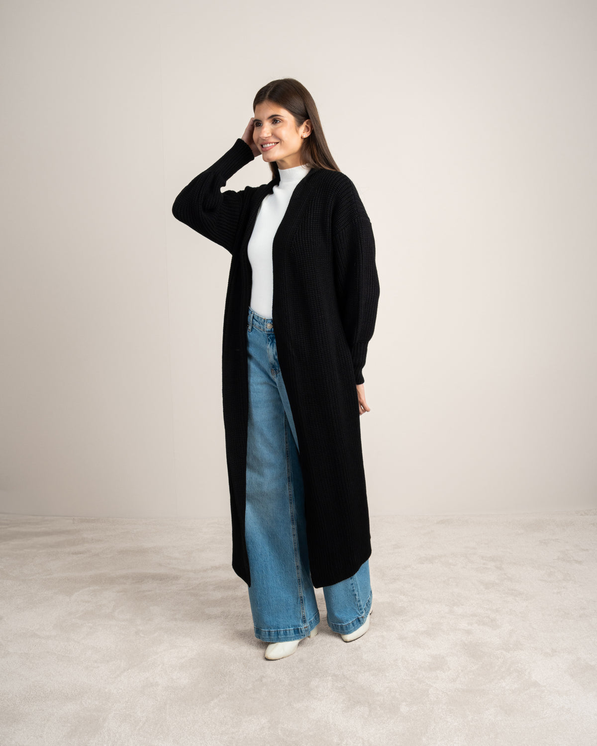 Open Knitwear Cardigan - With Ribbed Sleeves