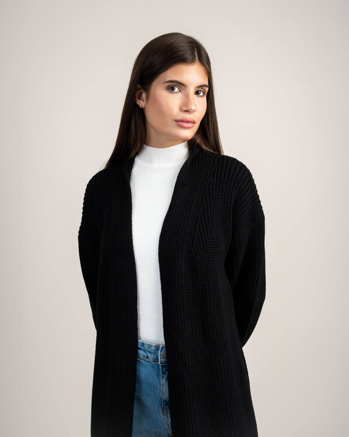 Open Knitwear Cardigan - With Ribbed Sleeves