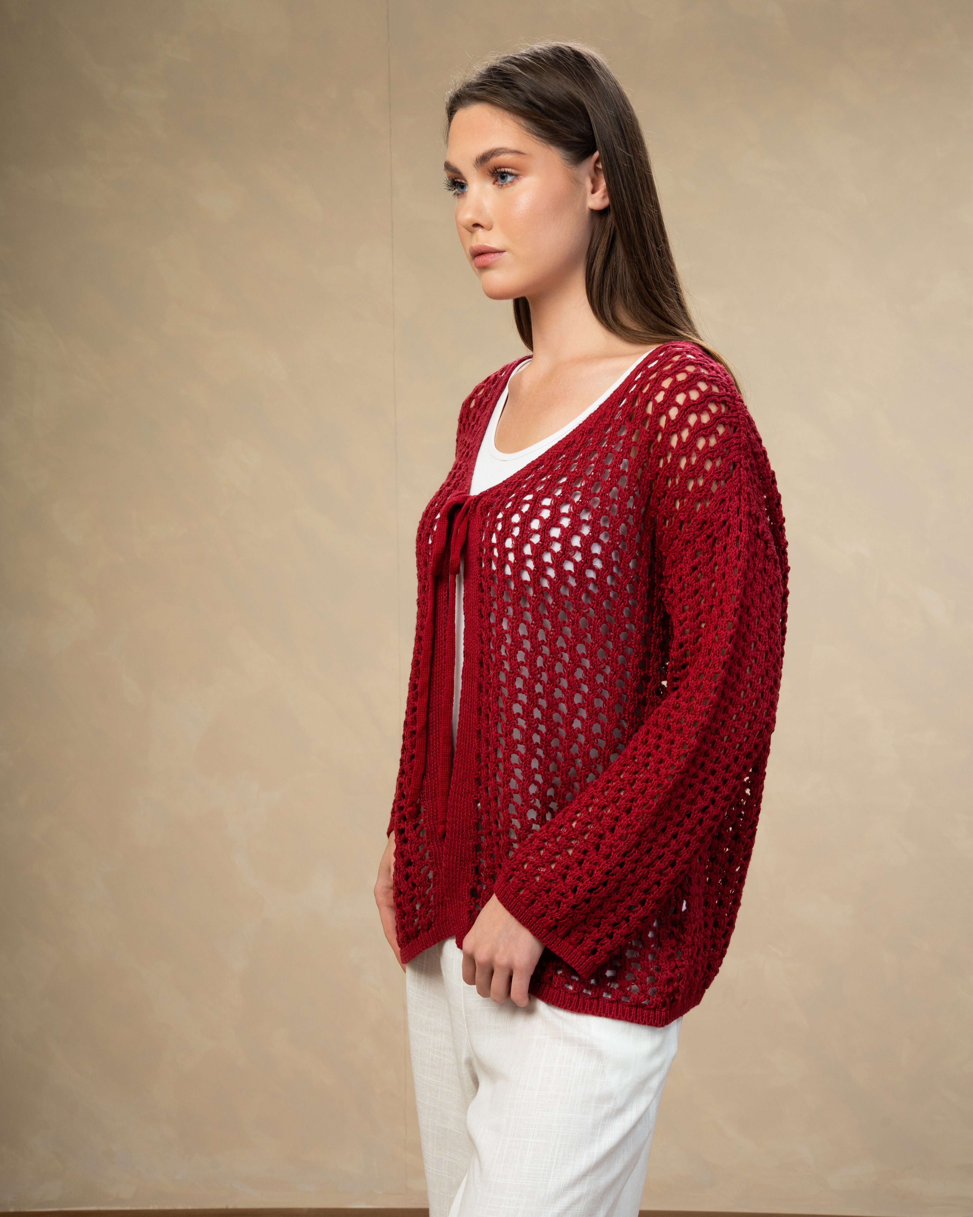 Short Open Knitwear Cardigan - With Tie