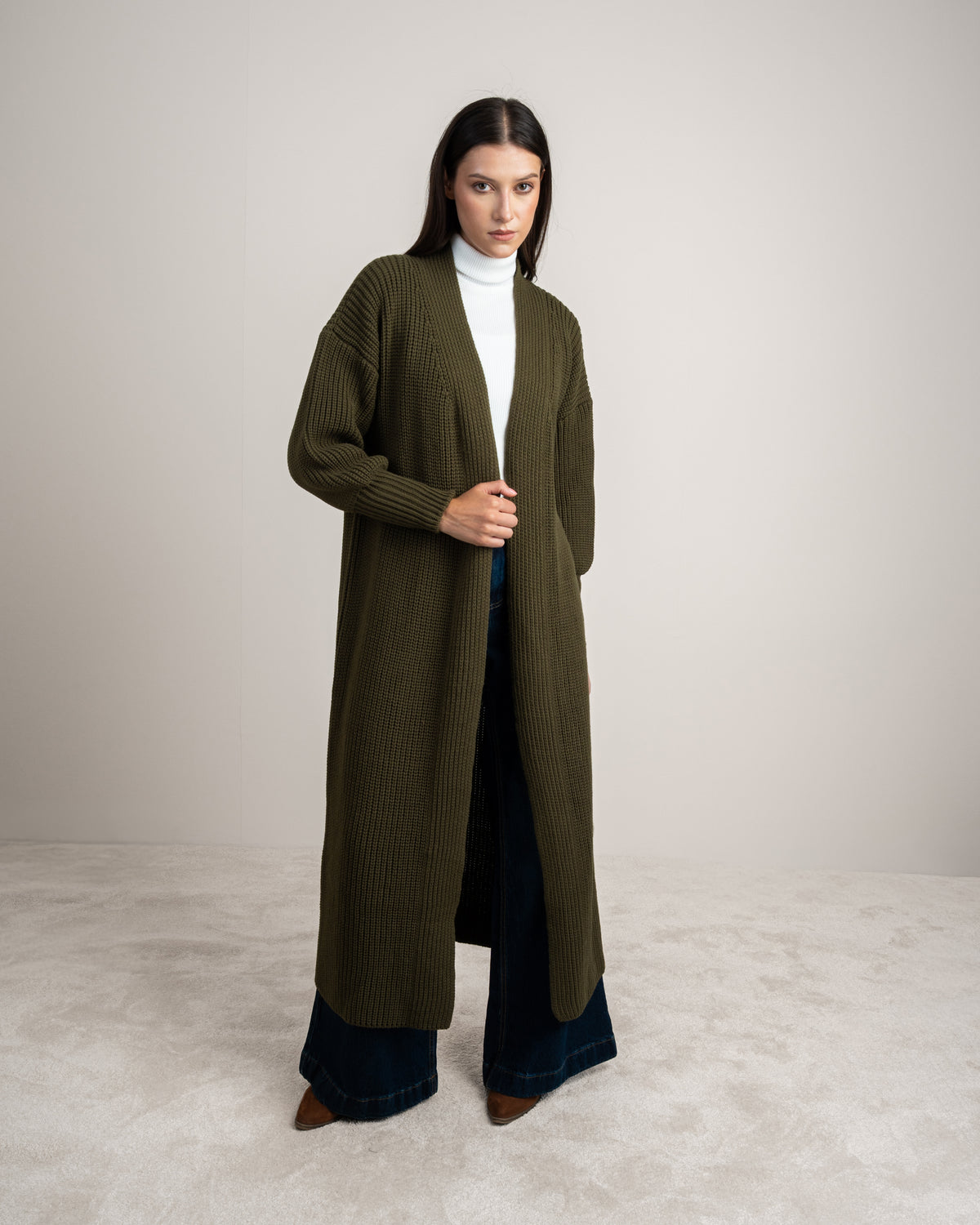Open Knitwear Cardigan - With Ribbed Sleeves