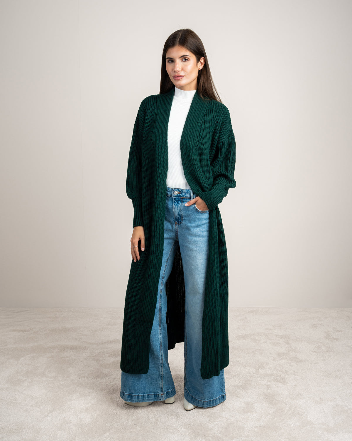 Open Knitwear Cardigan - With Ribbed Sleeves