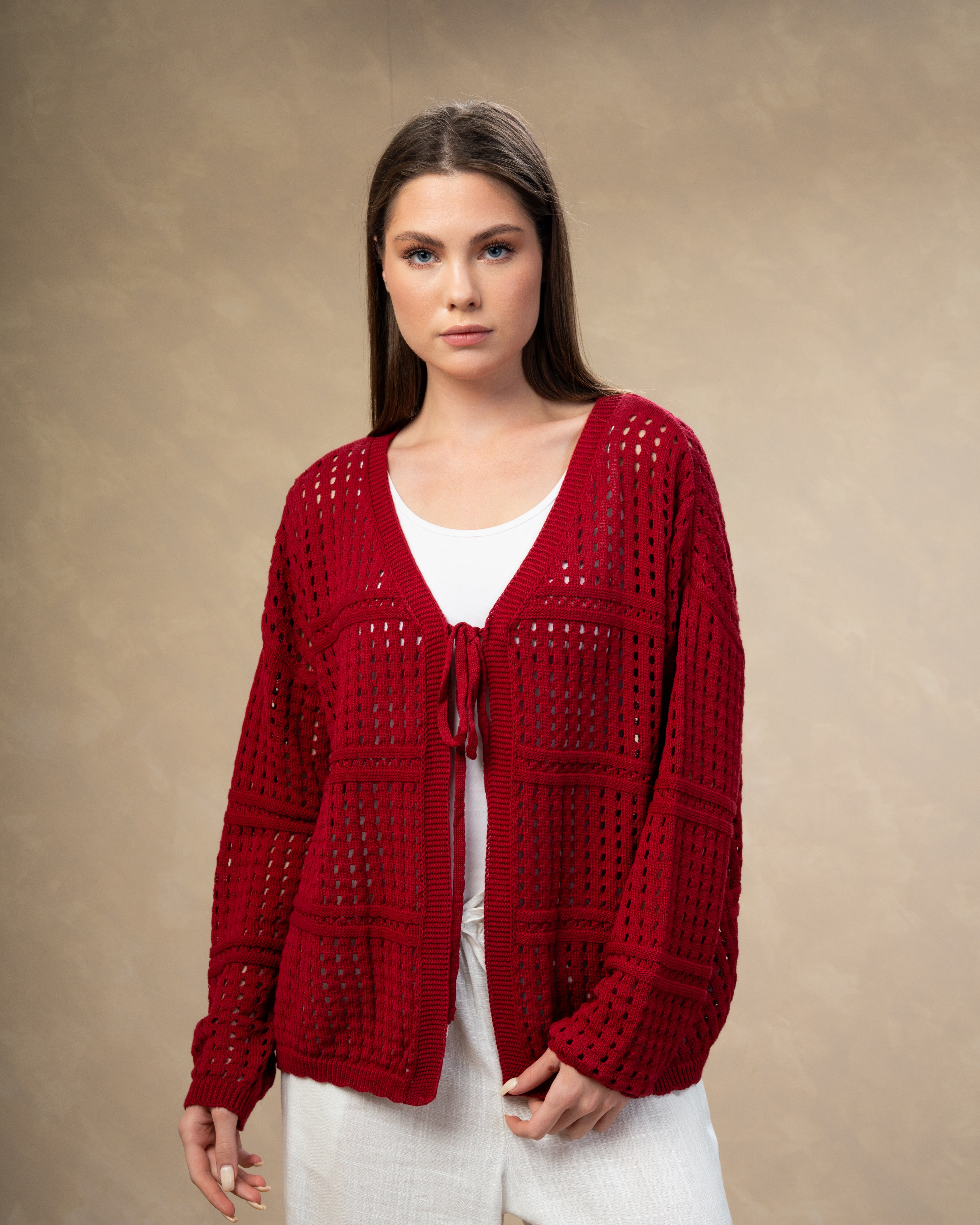 Open Knitwear Cardigan - With Square Pattern And Tie