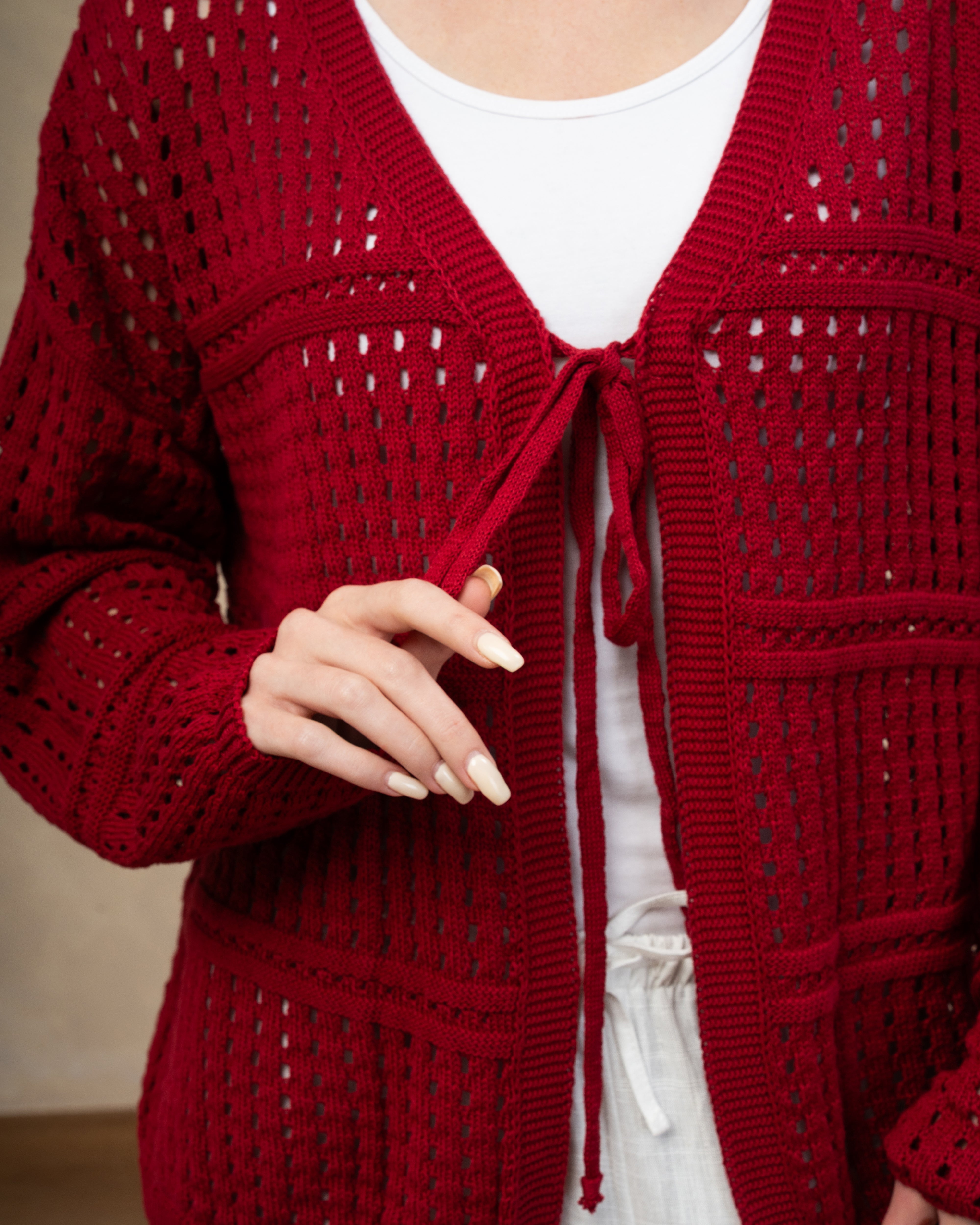 Open Knitwear Cardigan - With Square Pattern And Tie