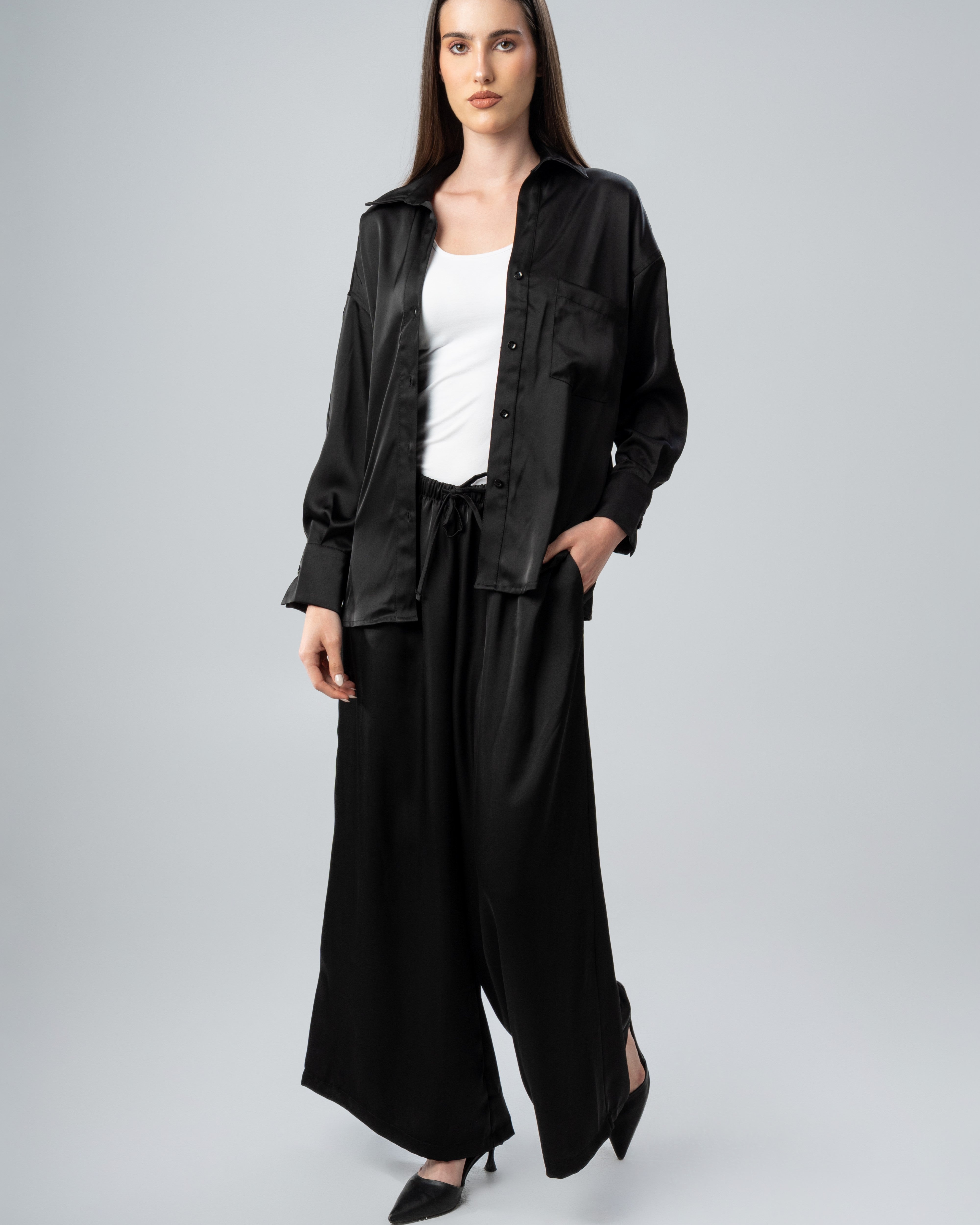 Plain Satin Shirt With Chest - Pocket And Buttons
