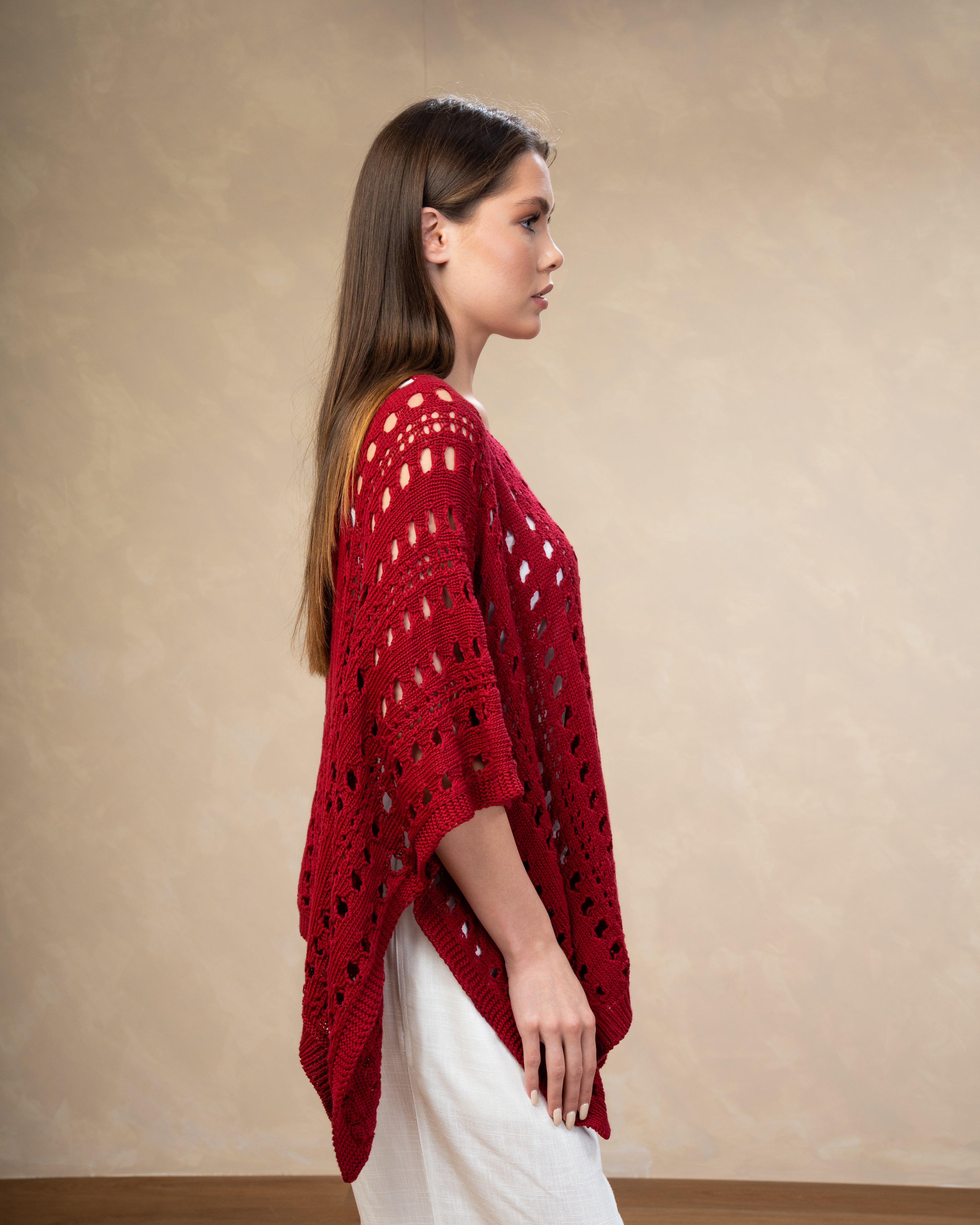 Open Knitwear Cardigan With Square Pattern And Tie