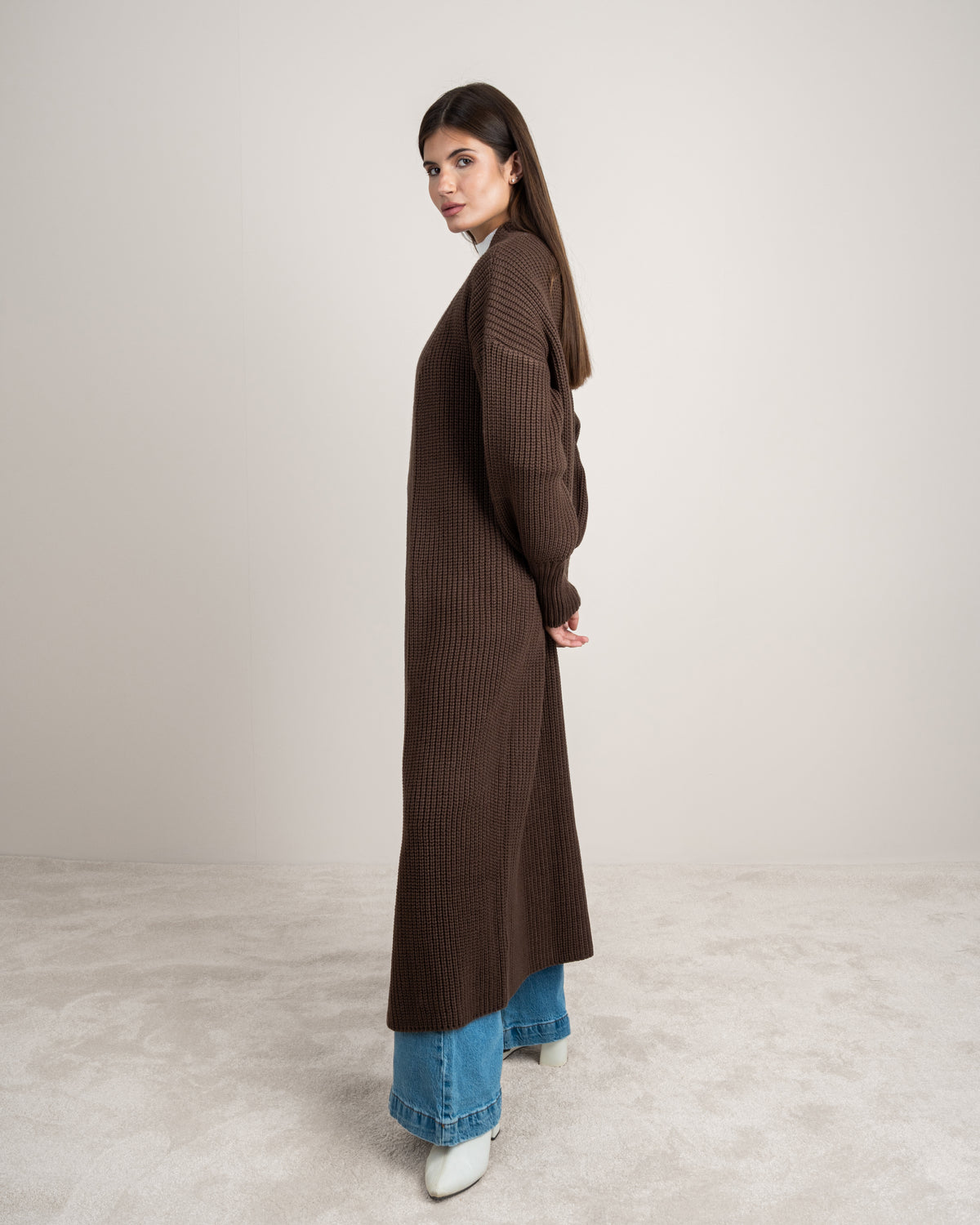 Open Knitwear Cardigan - With Ribbed Sleeves