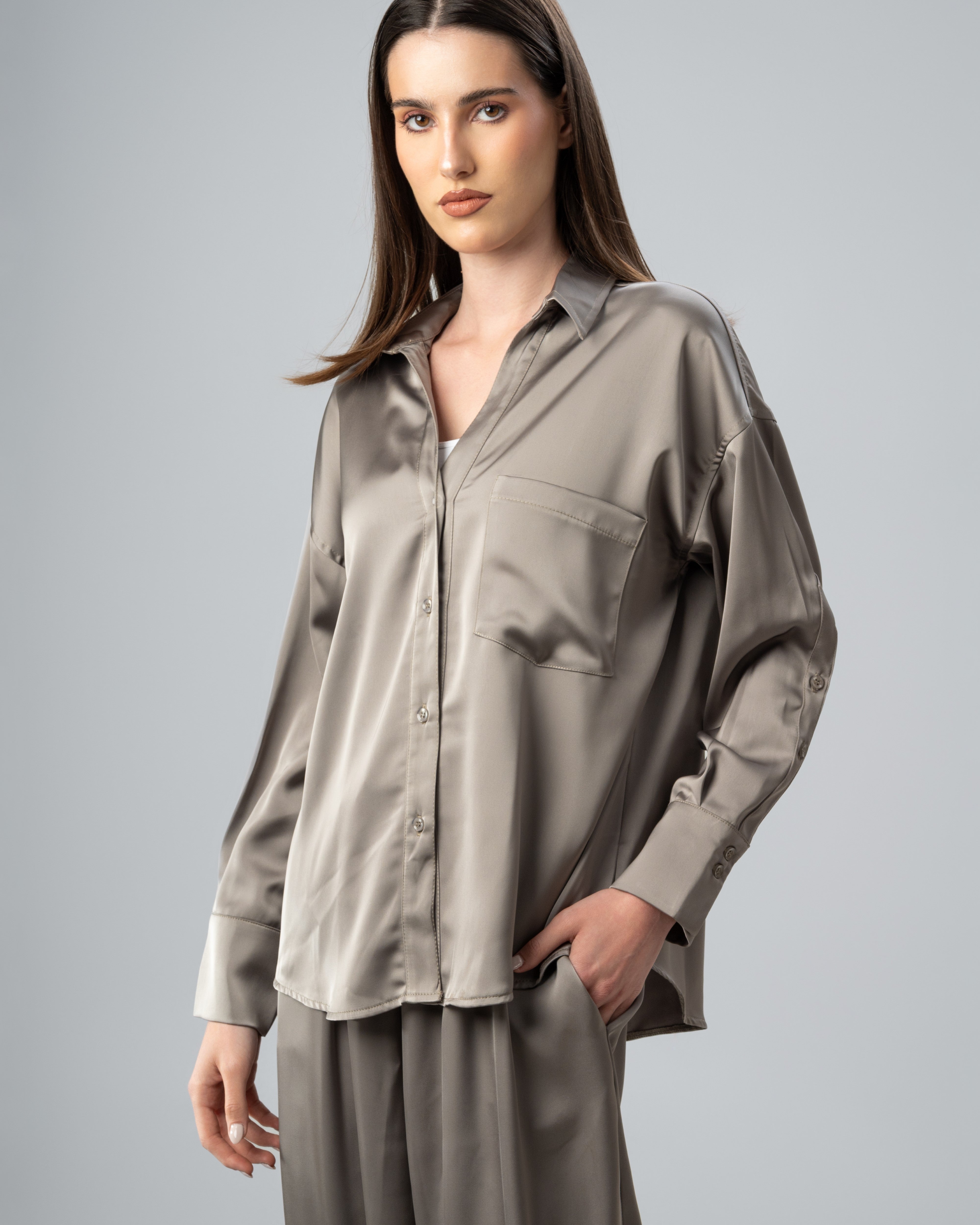 Plain Satin Shirt With Chest - Pocket And Buttons