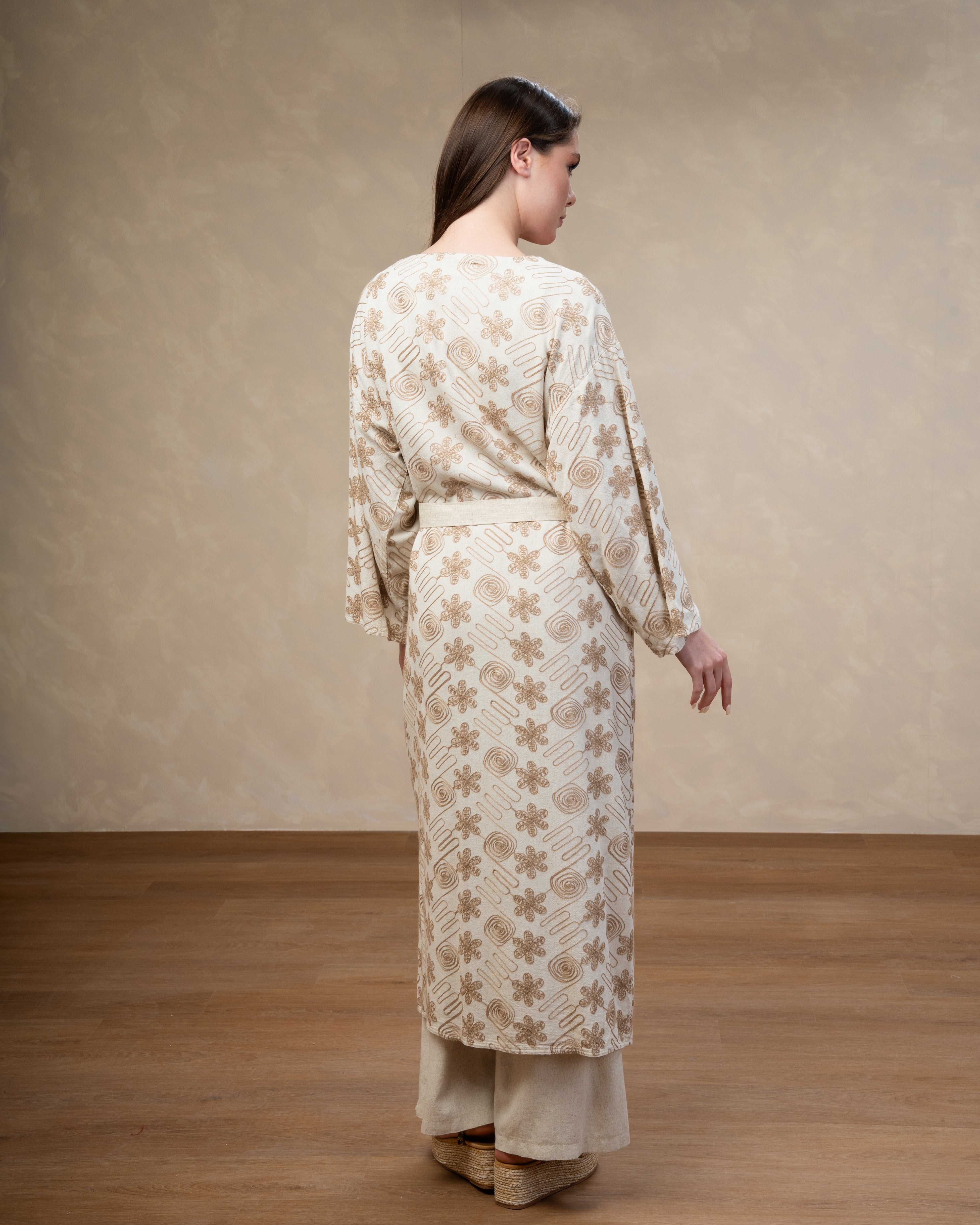 Long Star Embroidered Kimono With Belt