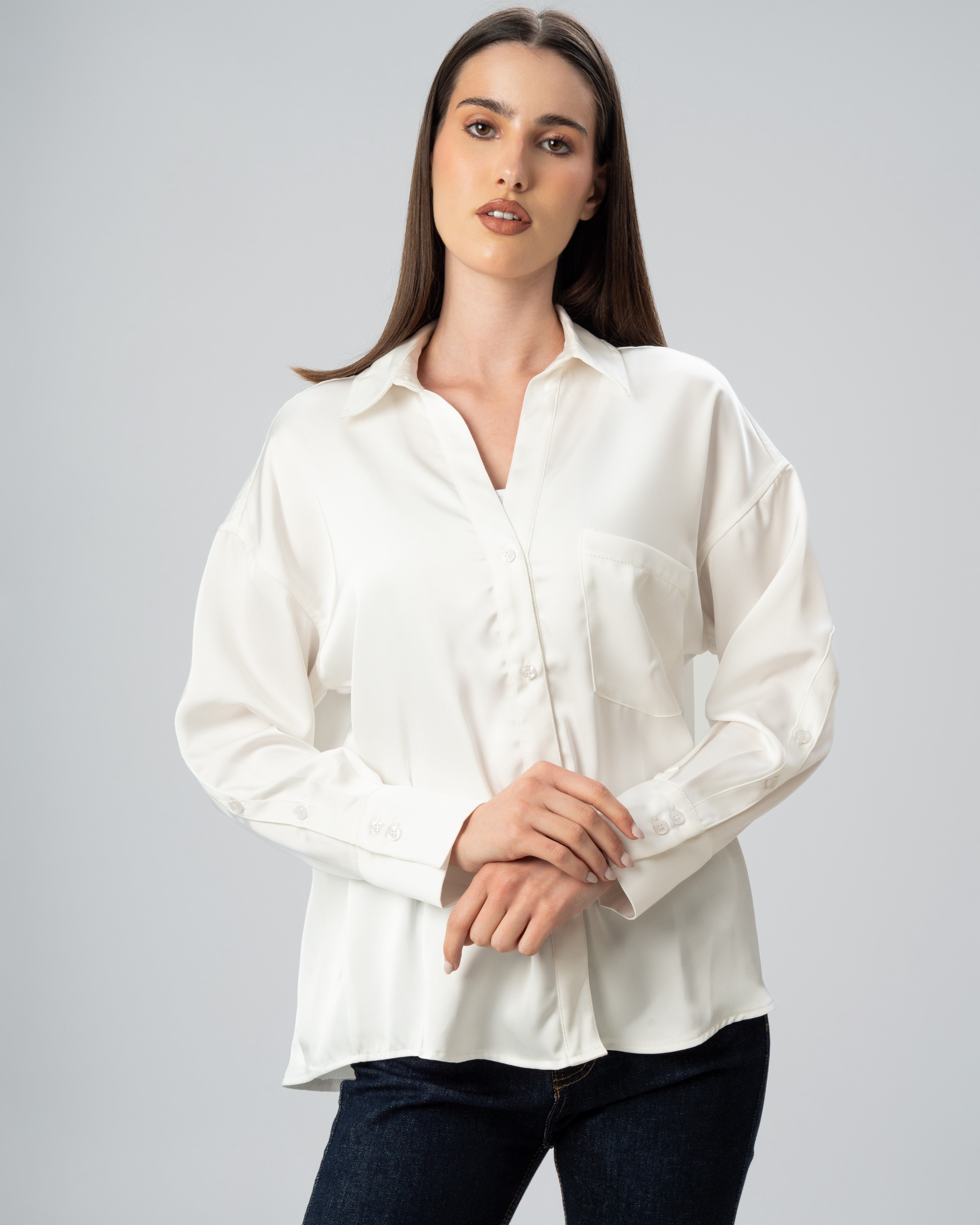 Plain Satin Shirt With Chest - Pocket And Buttons