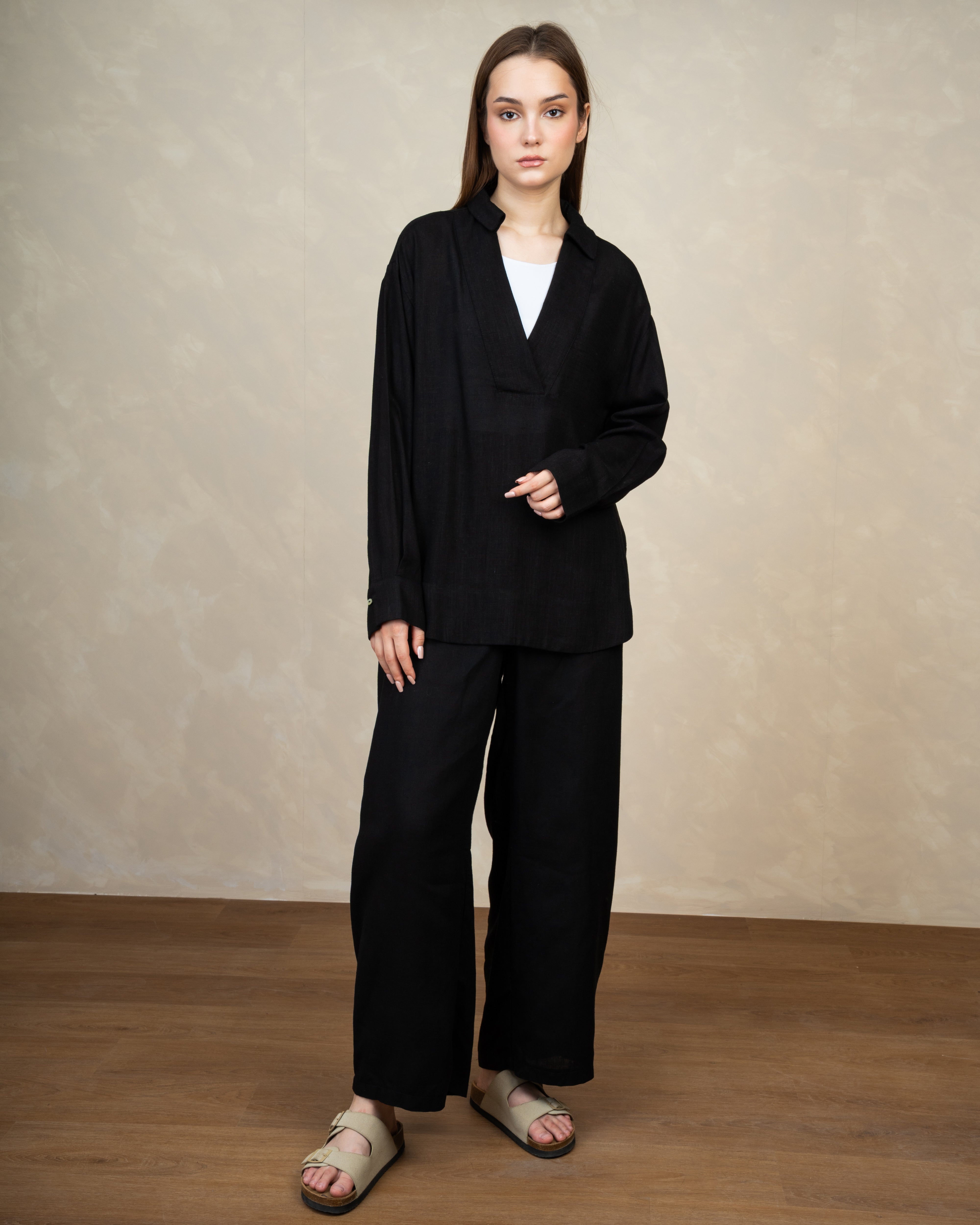 Long Plain Two-Piece Set With Button Cuffs
