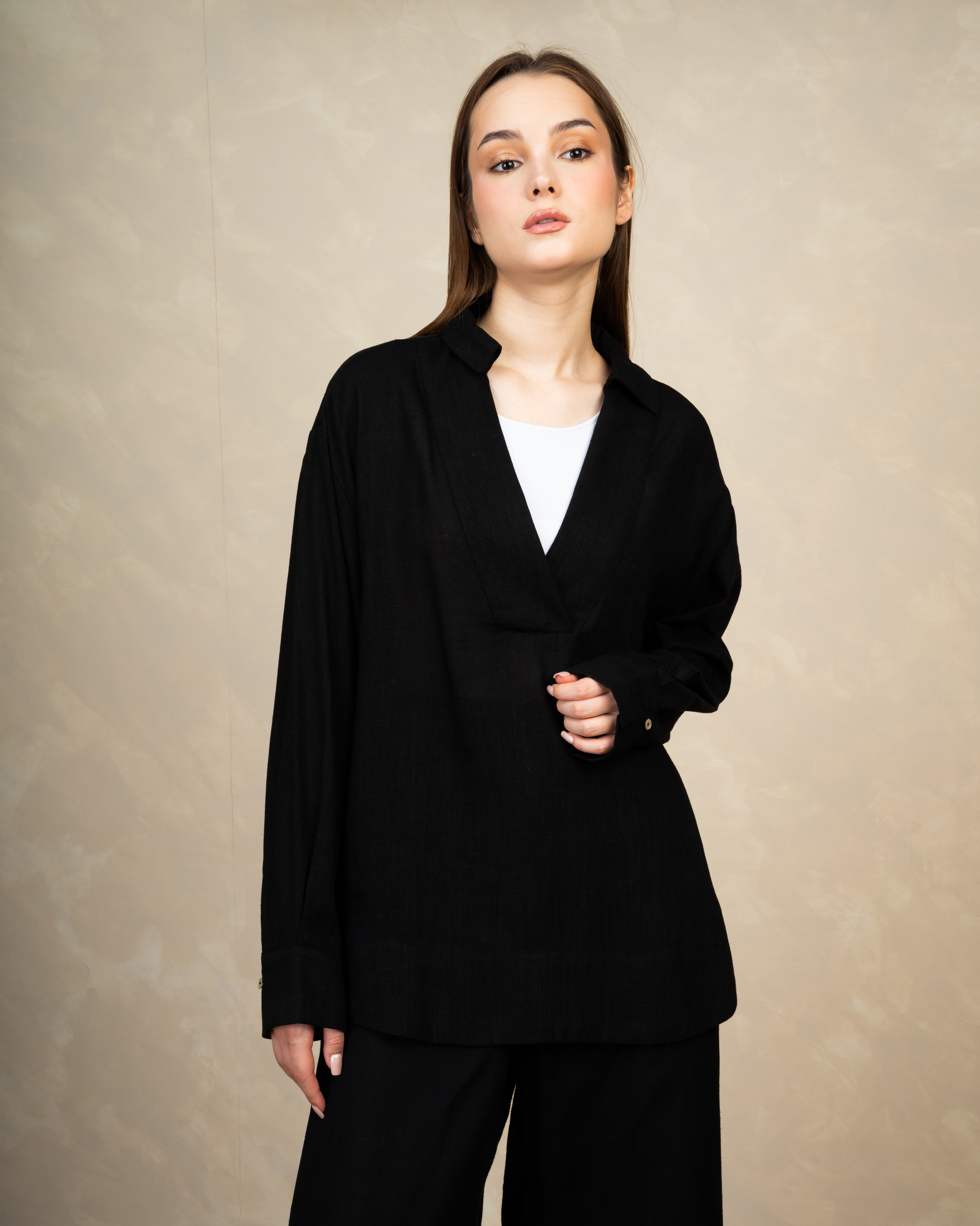 Long Plain Two-Piece Set With Button Cuffs