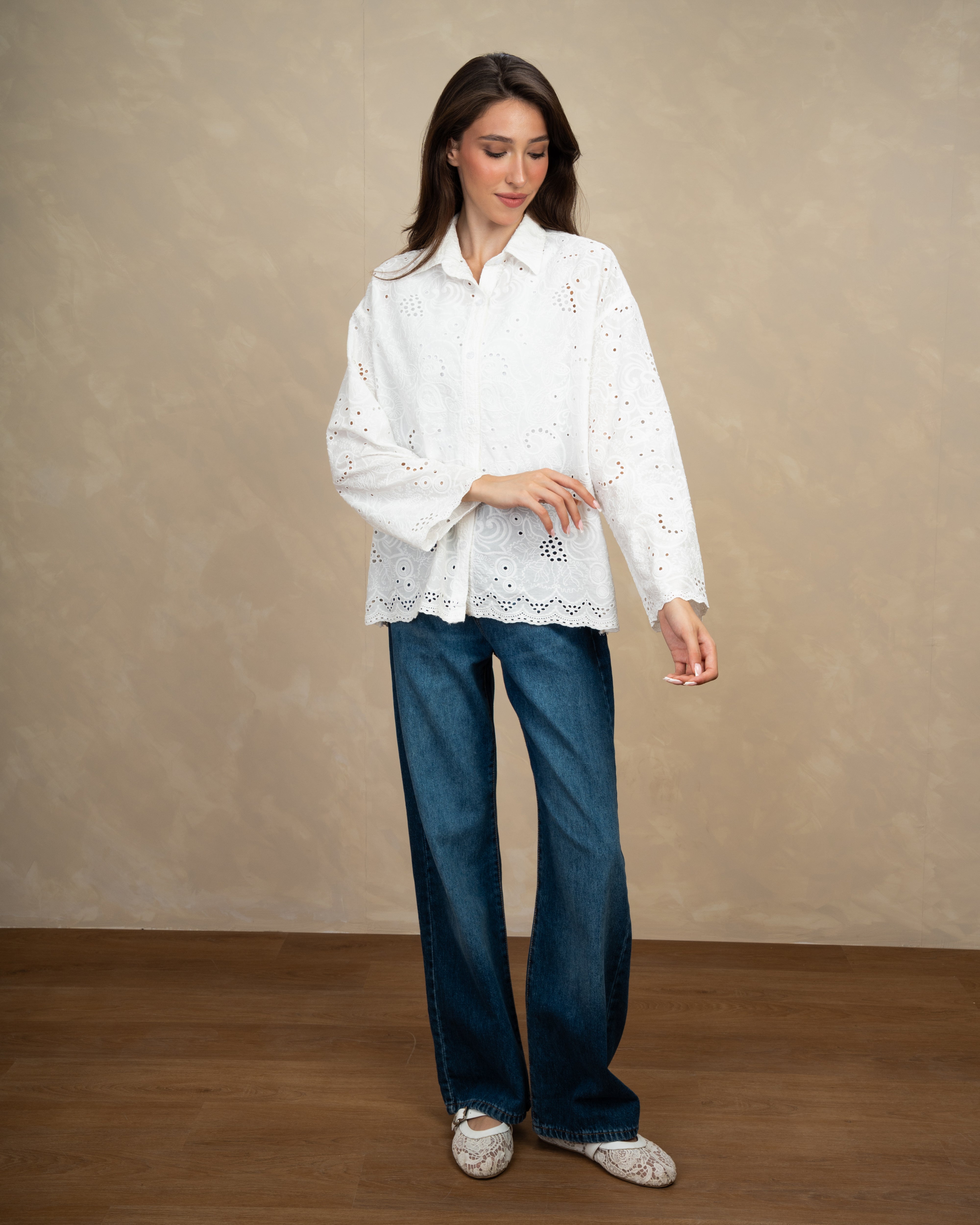 Floral Embroidered Shirt With Lace Waist