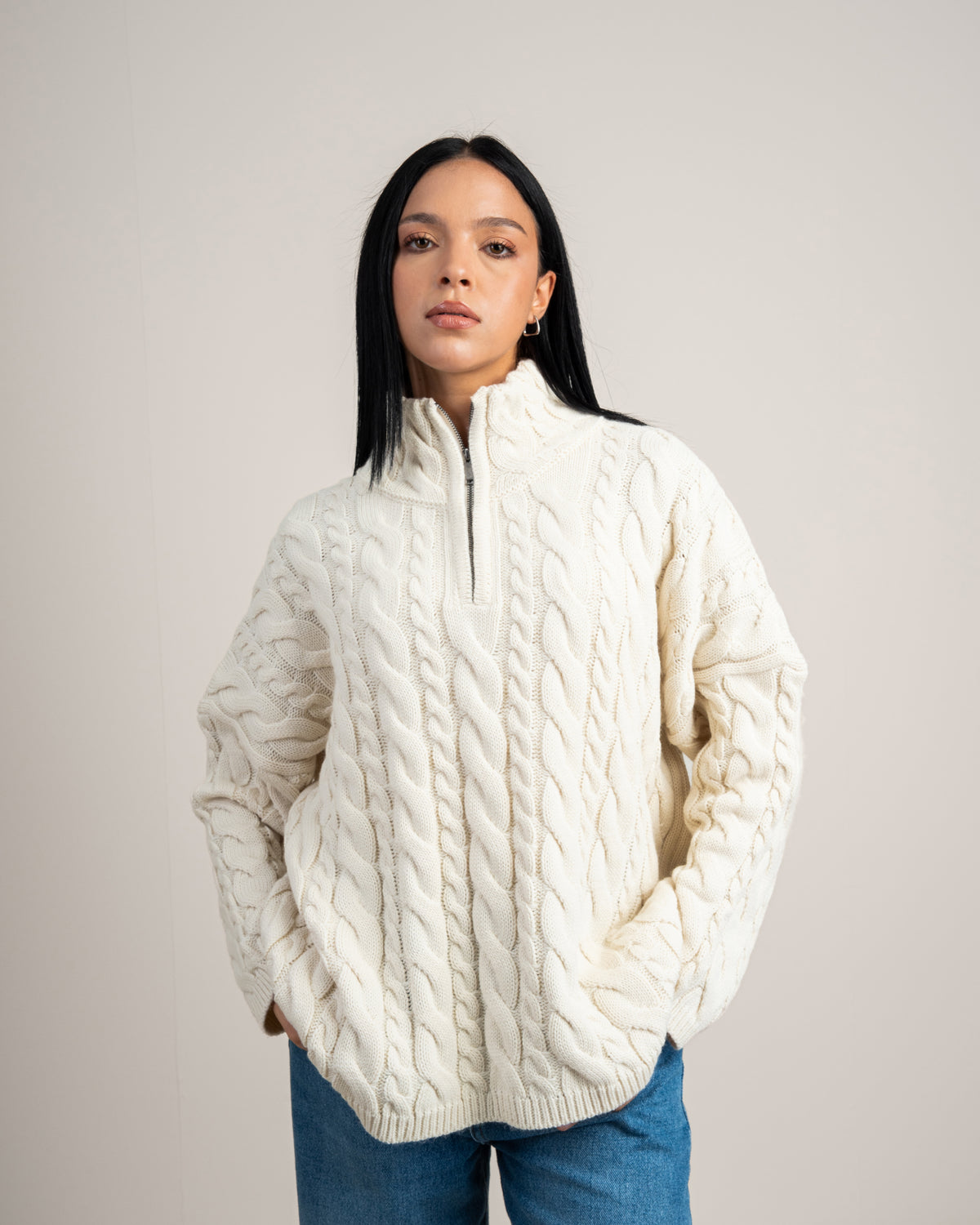 Cable Knitwear Pullover - With Zip Neck