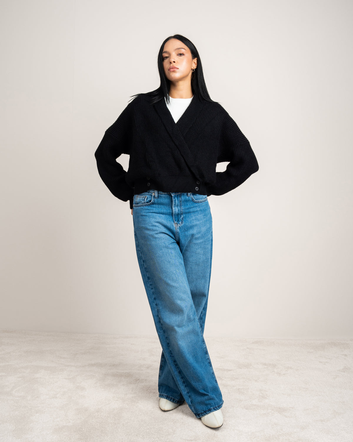Wide Neck Knitwear Pullover - With Waist Buttons