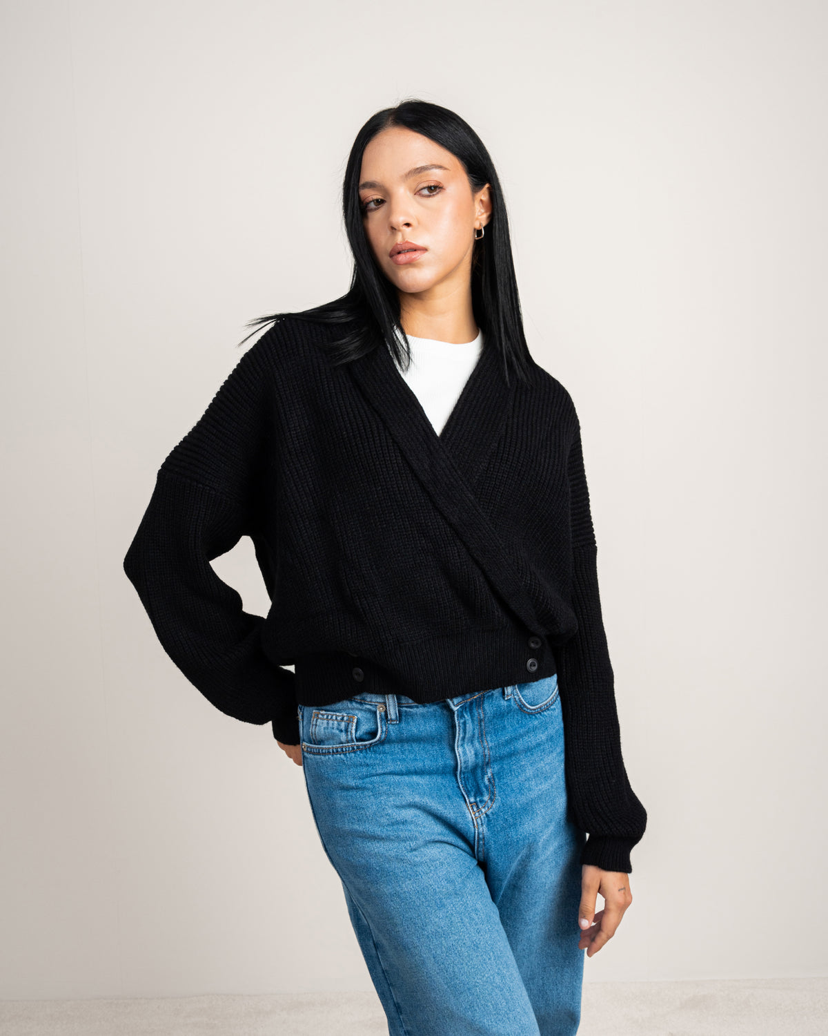 Wide Neck Knitwear Pullover - With Waist Buttons
