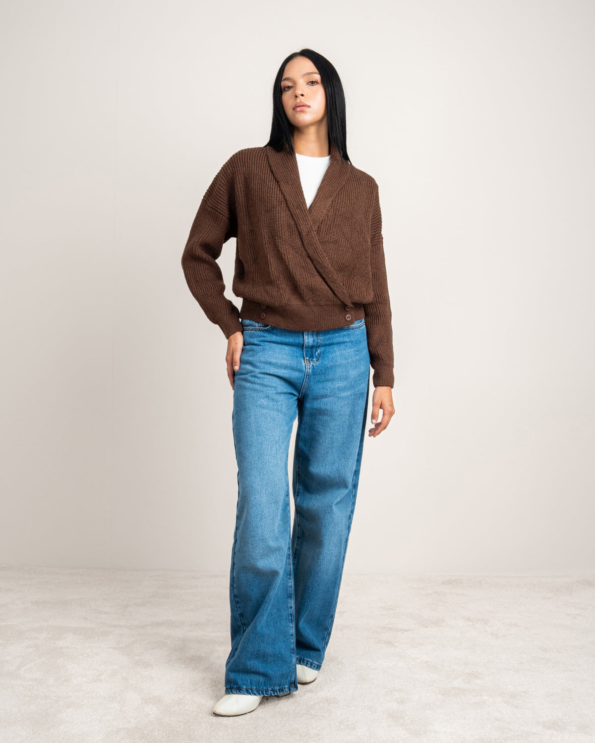 Wide Neck Knitwear Pullover - With Waist Buttons