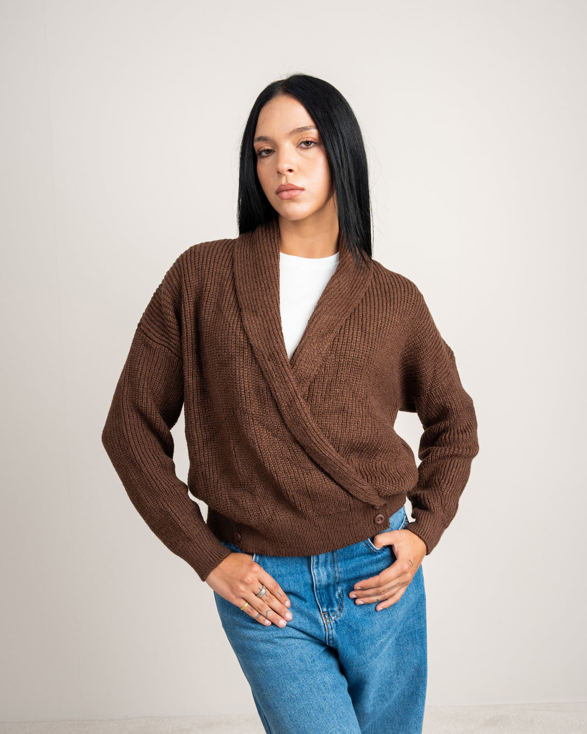 Wide Neck Knitwear Pullover - With Waist Buttons