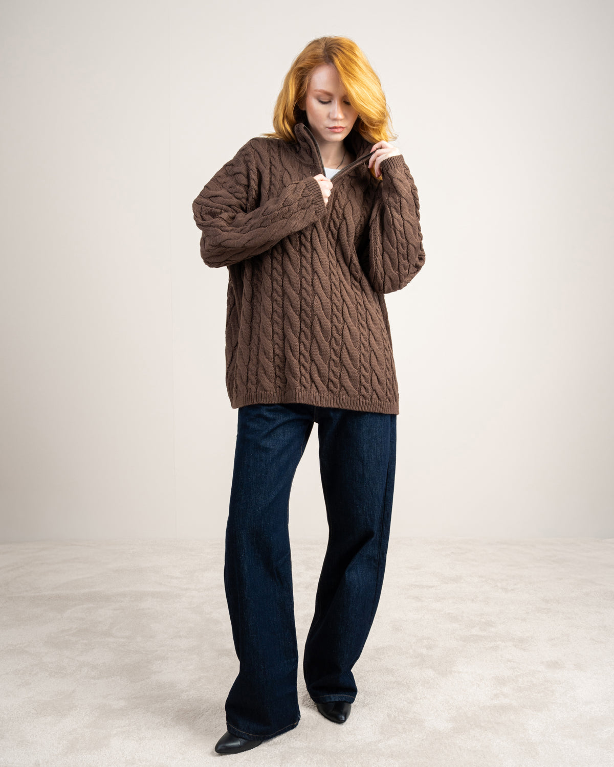 Cable Knitwear Pullover - With Zip Neck