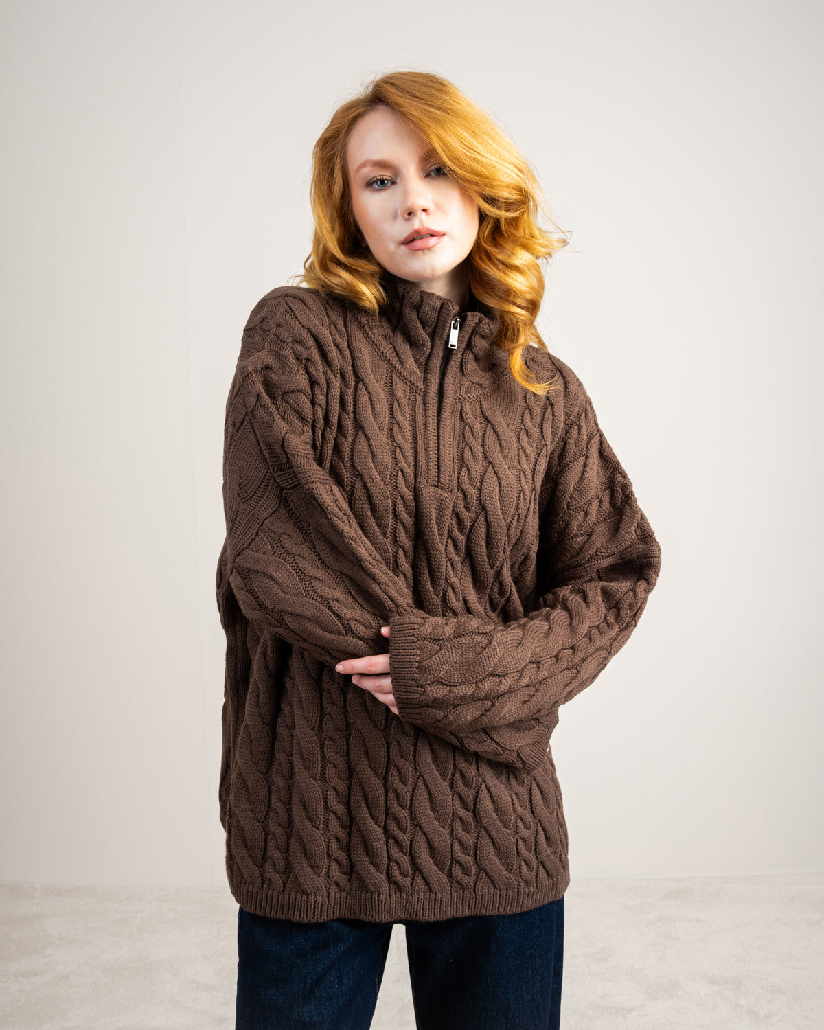 Cable Knitwear Pullover - With Zip Neck