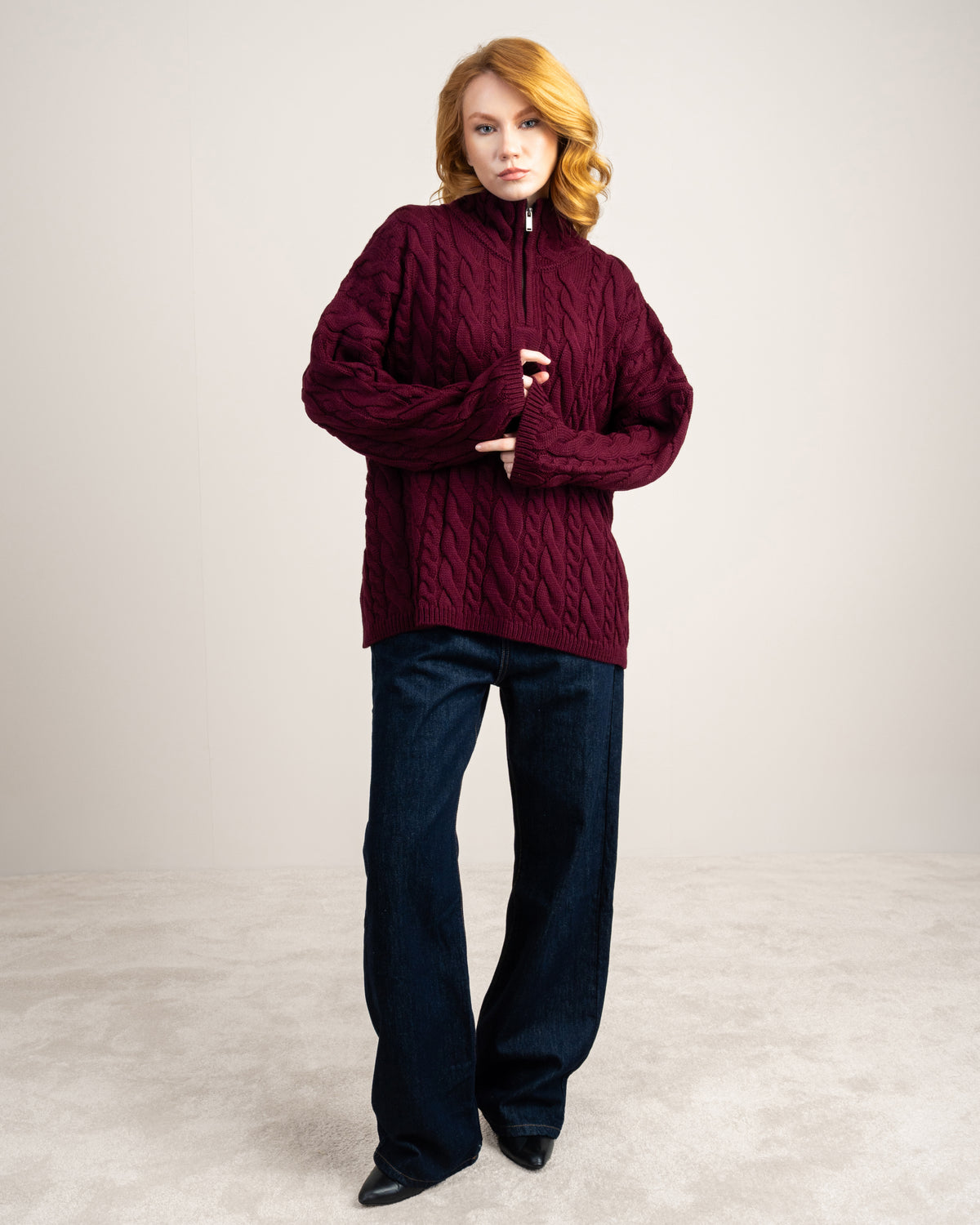 Cable Knitwear Pullover - With Zip Neck