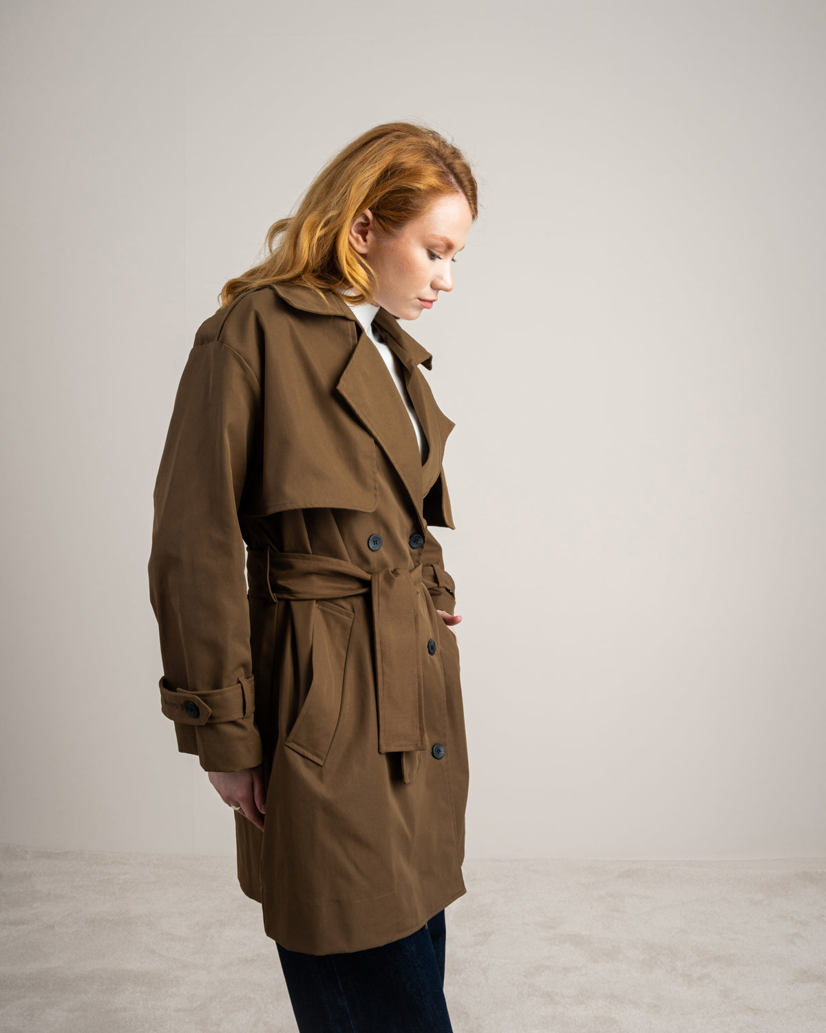 Long Gabardine Jacket - With Belt And Pockets