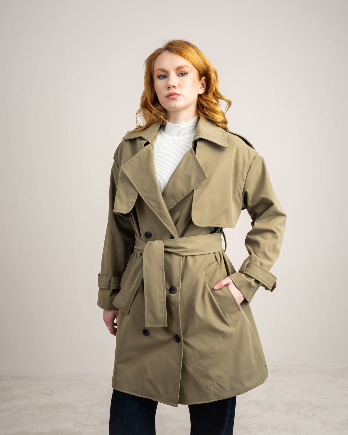 Long Gabardine Jacket - With Belt And Pockets