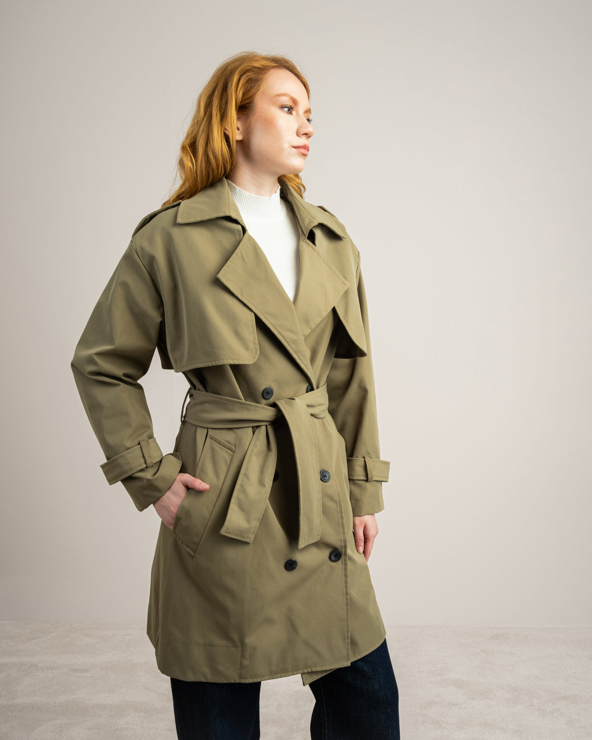 Long Gabardine Jacket - With Belt And Pockets