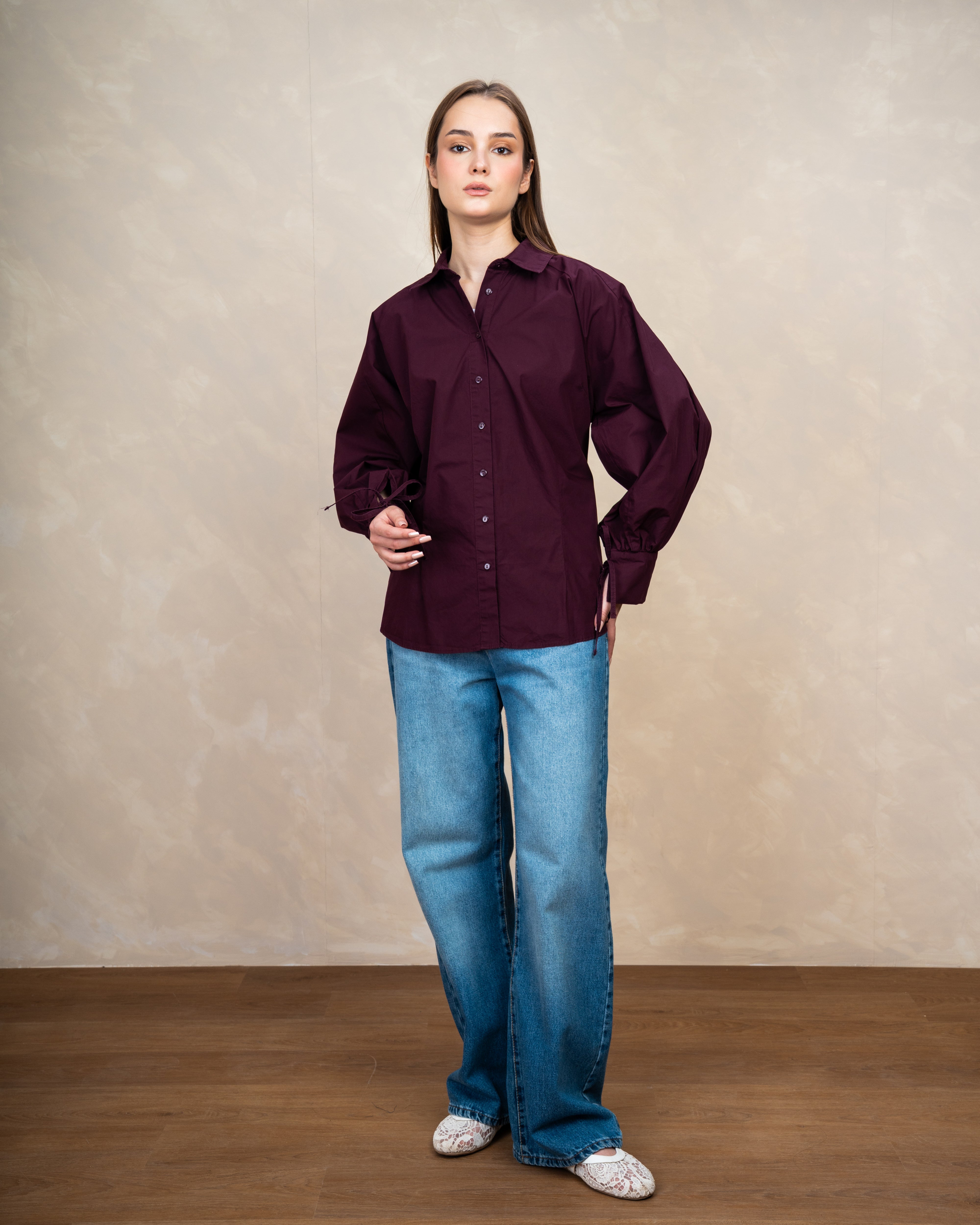 Plain Shirt With Waist Tie And Tie Cuffs