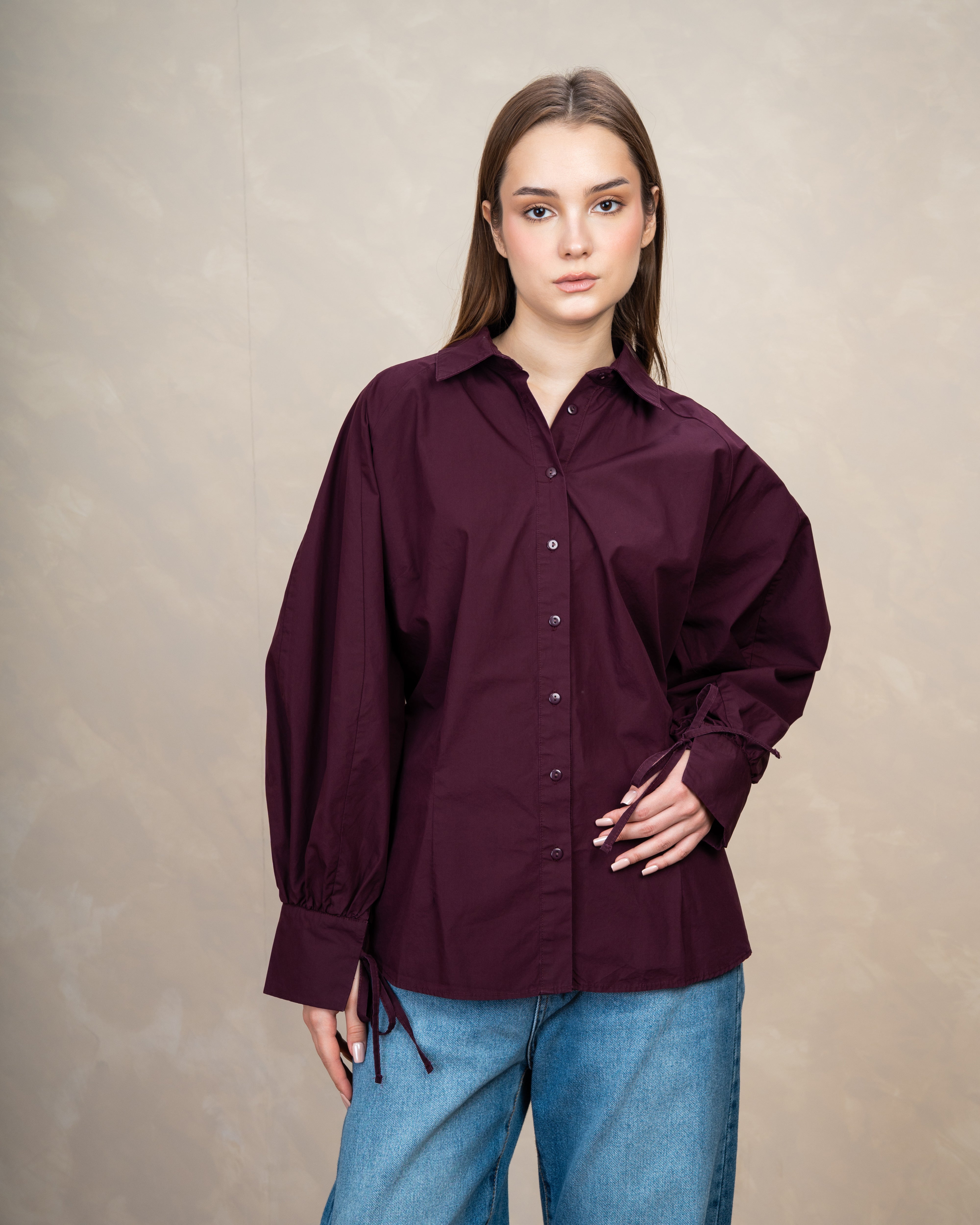 Plain Shirt With Waist Tie And Tie Cuffs