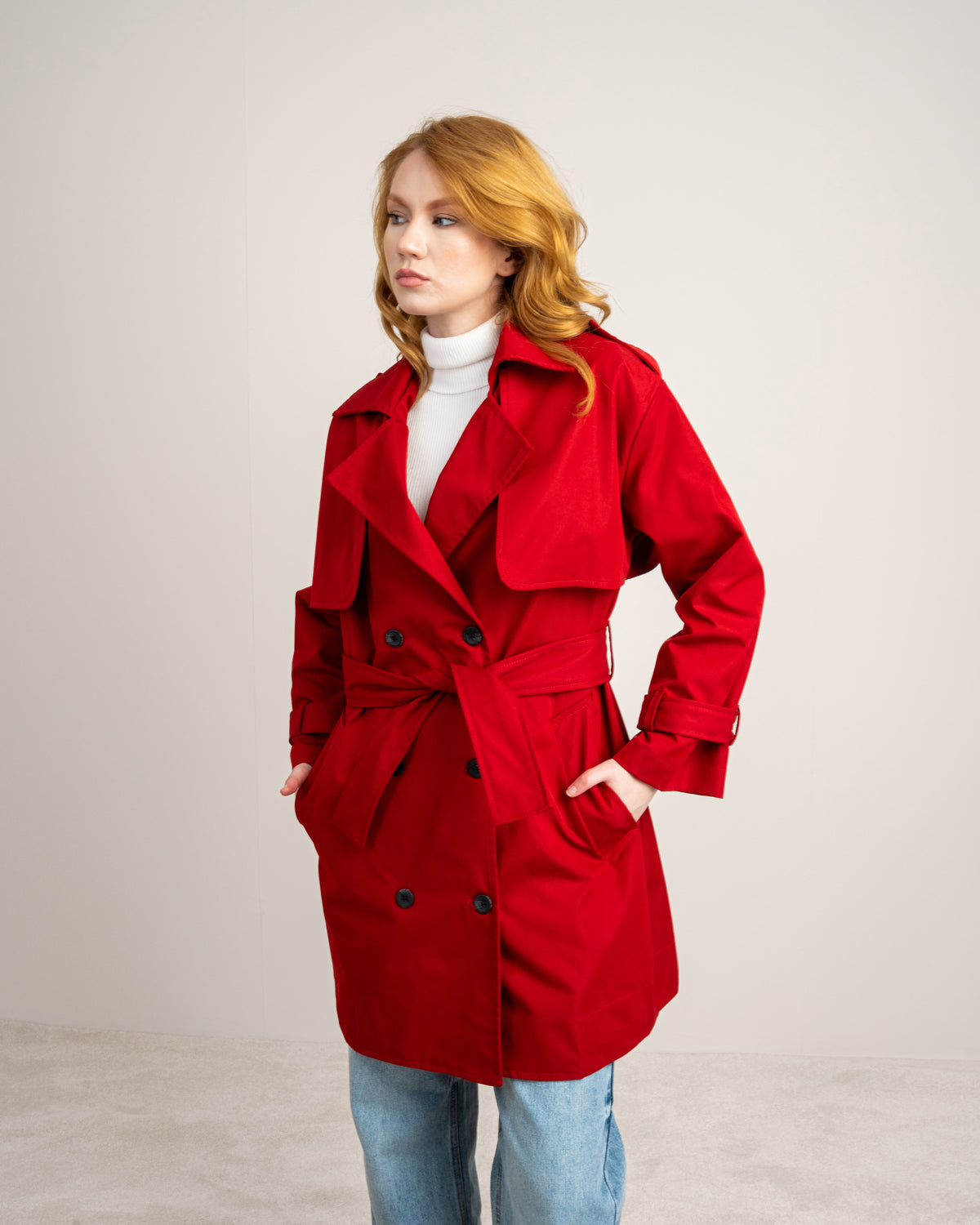 Long Gabardine Jacket - With Belt And Pockets